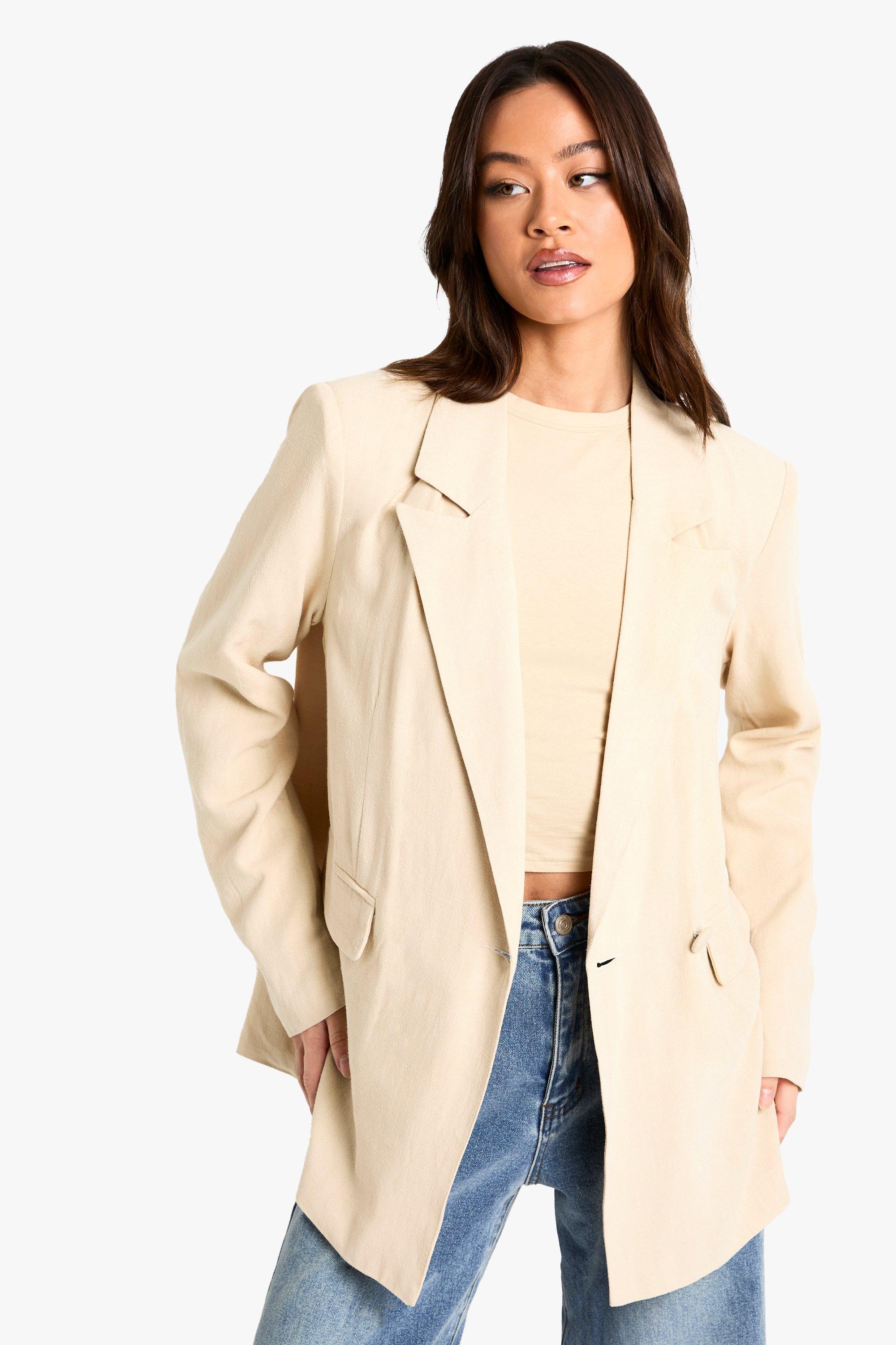 Boohoo Tall Linnen Look Blazer Met Geplooide Taille, Ecru