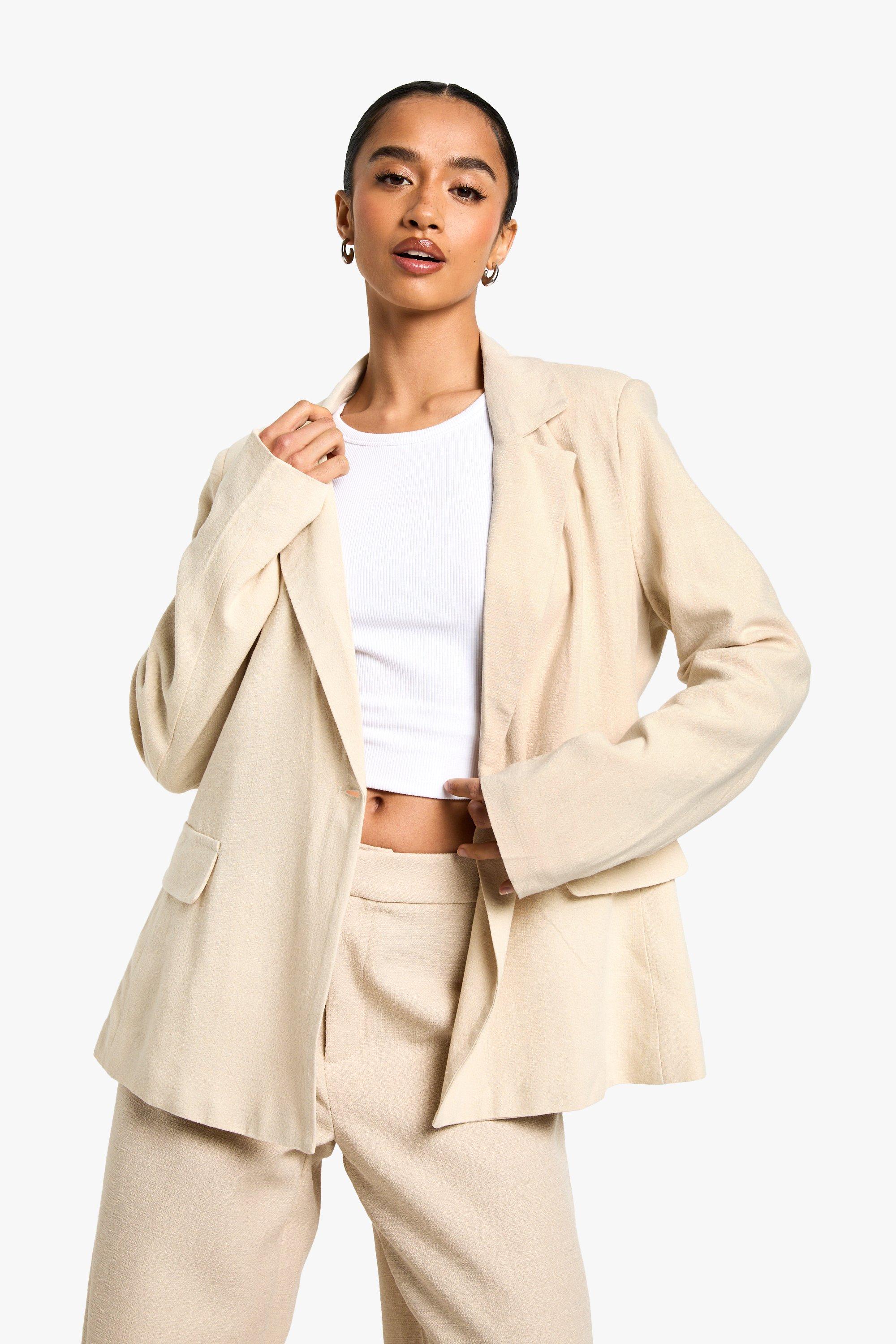 Boohoo Petite Oversized Linen Look Blazer, Ecru