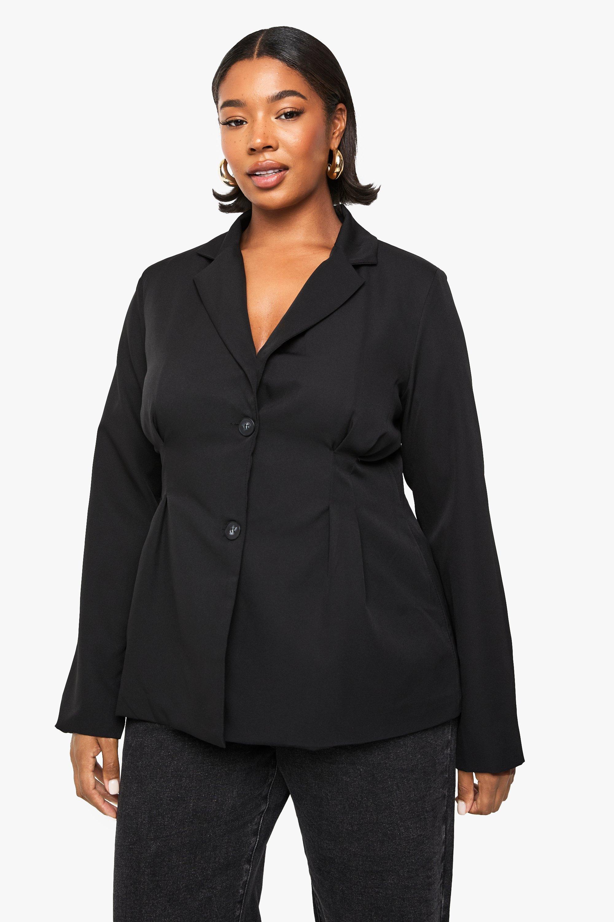 Boohoo Plus Geweven Blazer Met Geplooide Taille, Black