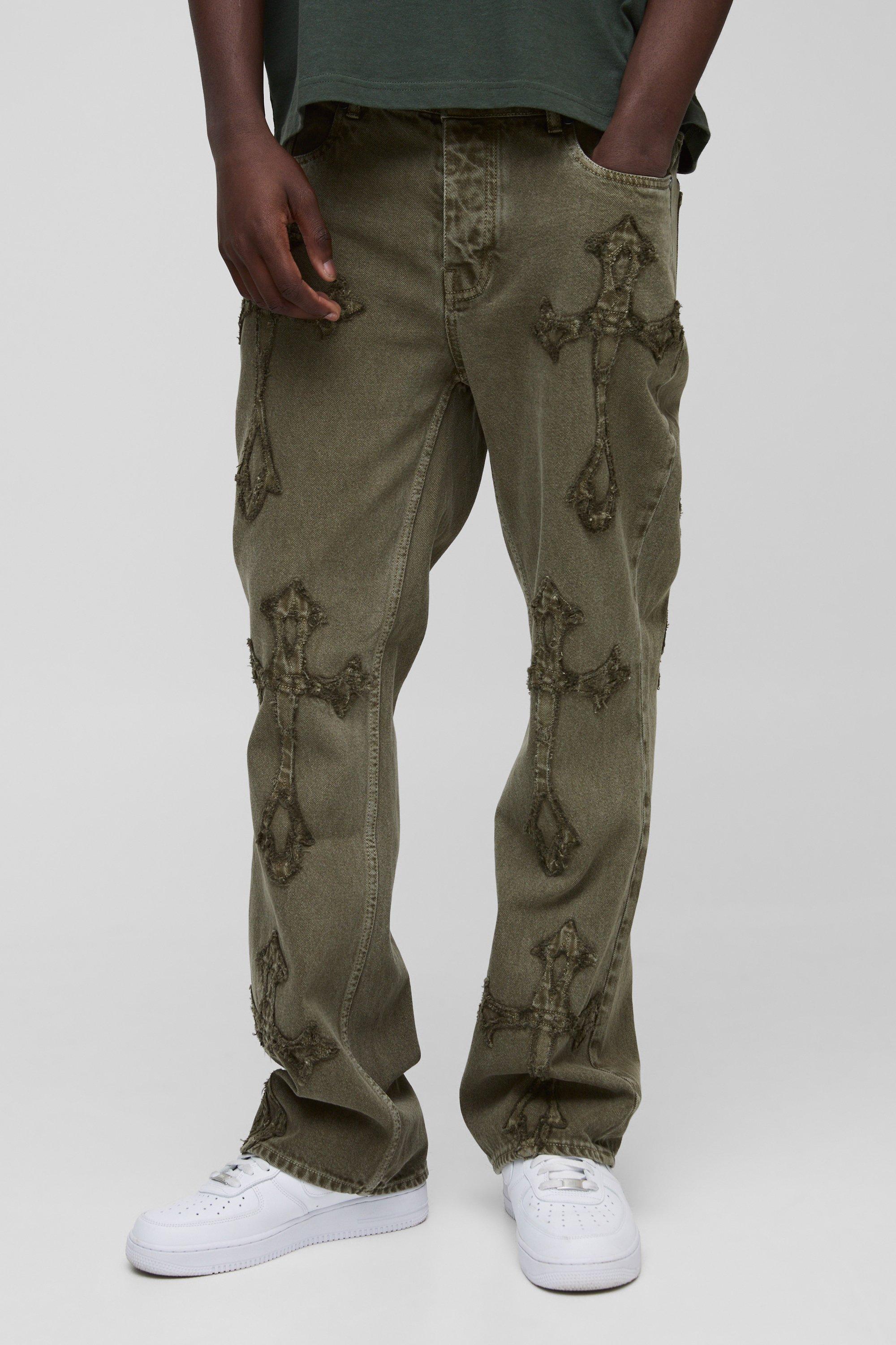Boohoo Flared Khaki Wash Gekruiste Slim Fit Jeans Met Gusset Detail, Khaki