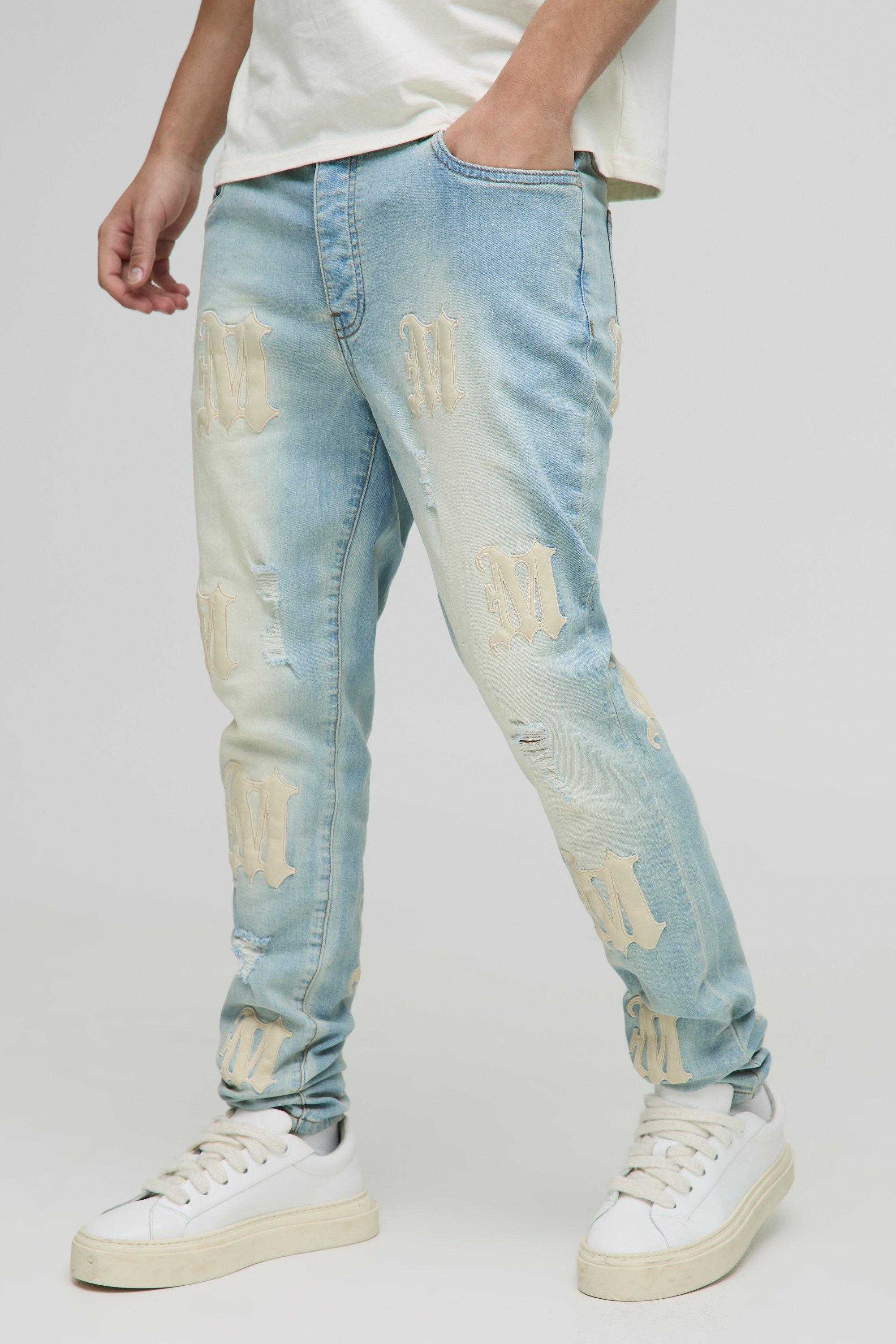 Boohoo Acid Wash Gebleekte Skinny Jeans Met Pu, Light Blue