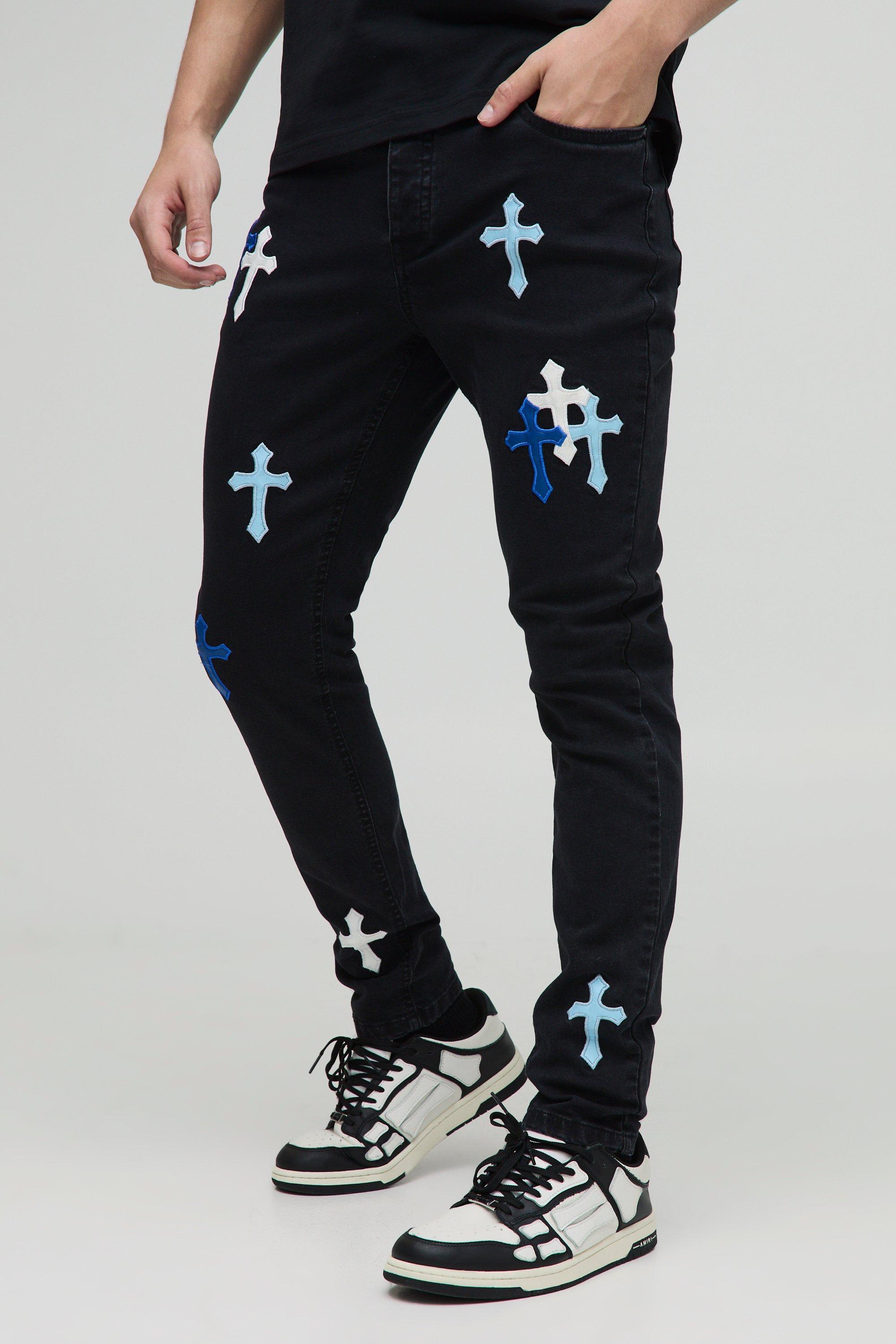 Boohoo Gekruiste Skinny Fit Pu Jeans, Washed Black