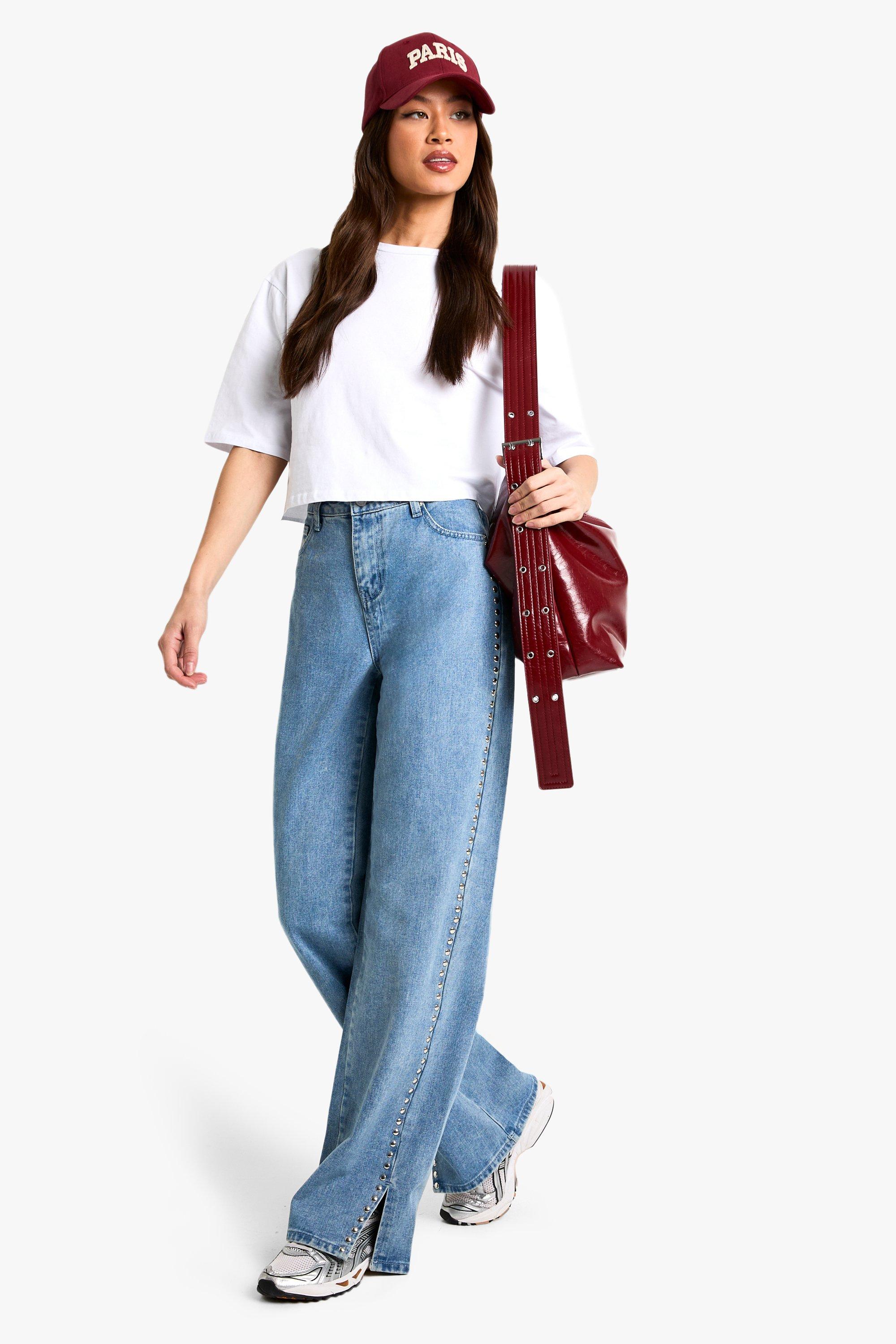 Boohoo Tall Wide Leg Jeans Met Studs, Blue