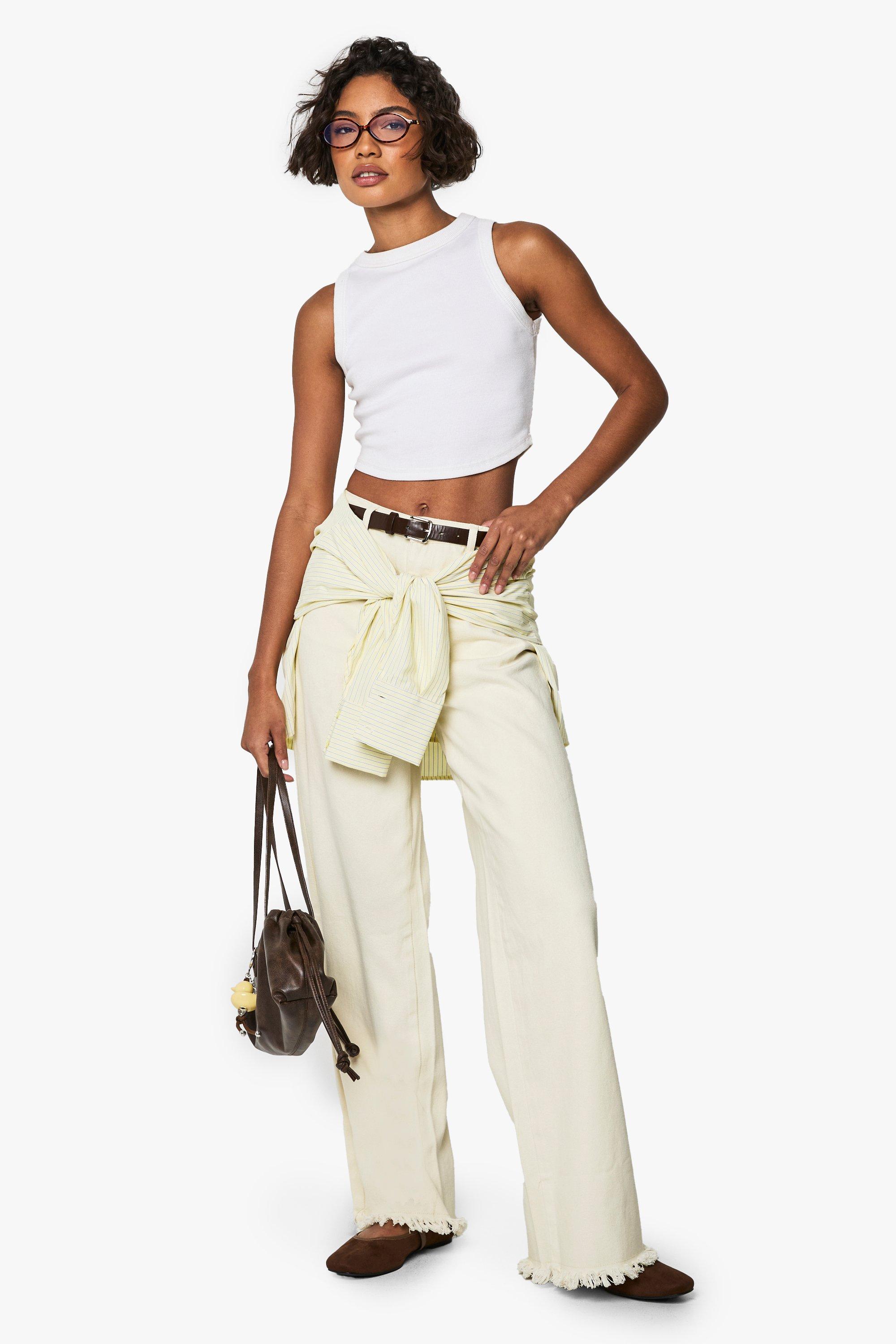 Boohoo Tall Ecru Wide Leg Jeans Met Gerafelde Zoom, Ecru