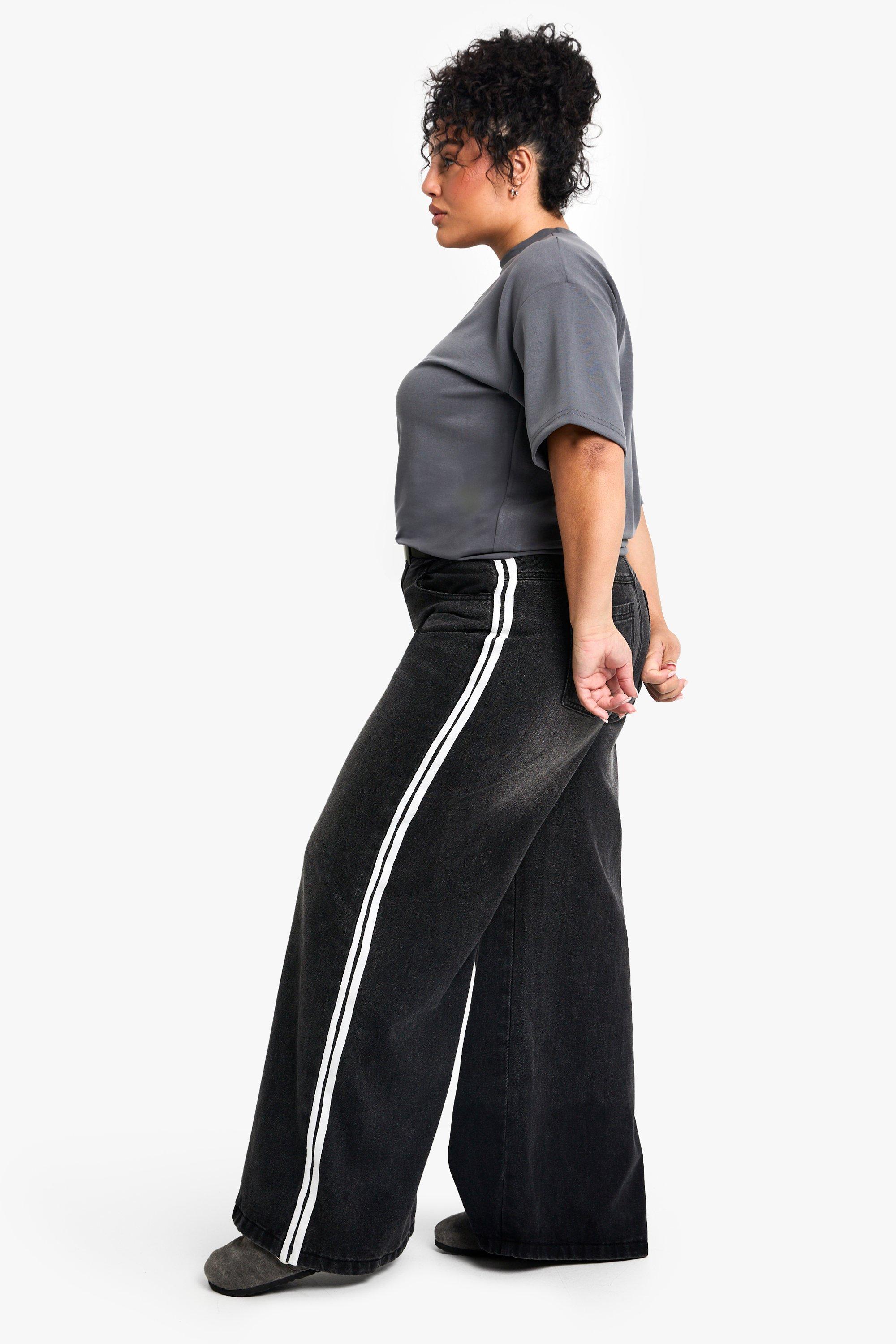 Boohoo Plus Gebleekte Wide Leg Jeans Met Zijstreep, Washed Black