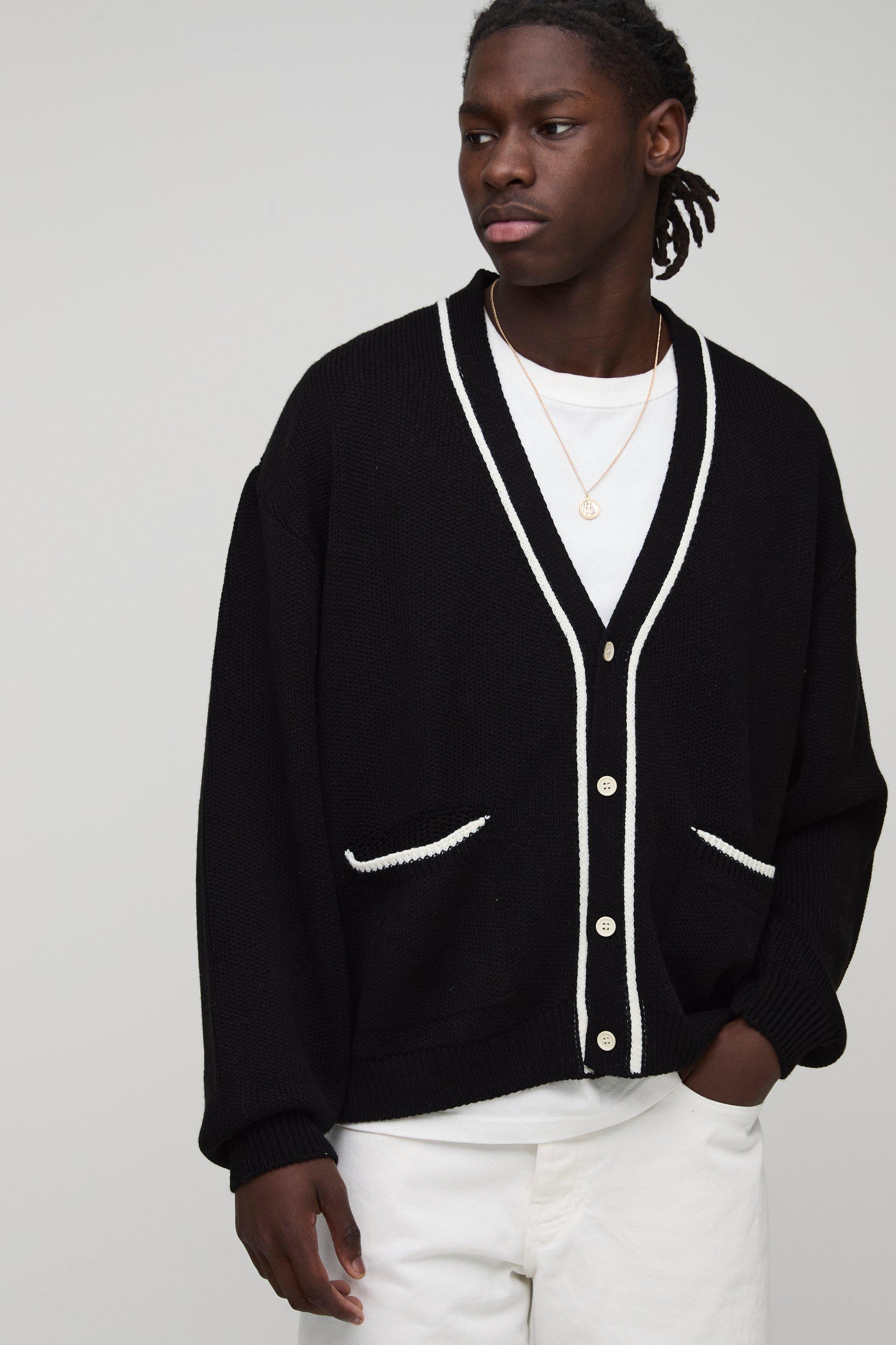 Boohoo Man Oversized Boxy Cardigan Met Biezen, Black