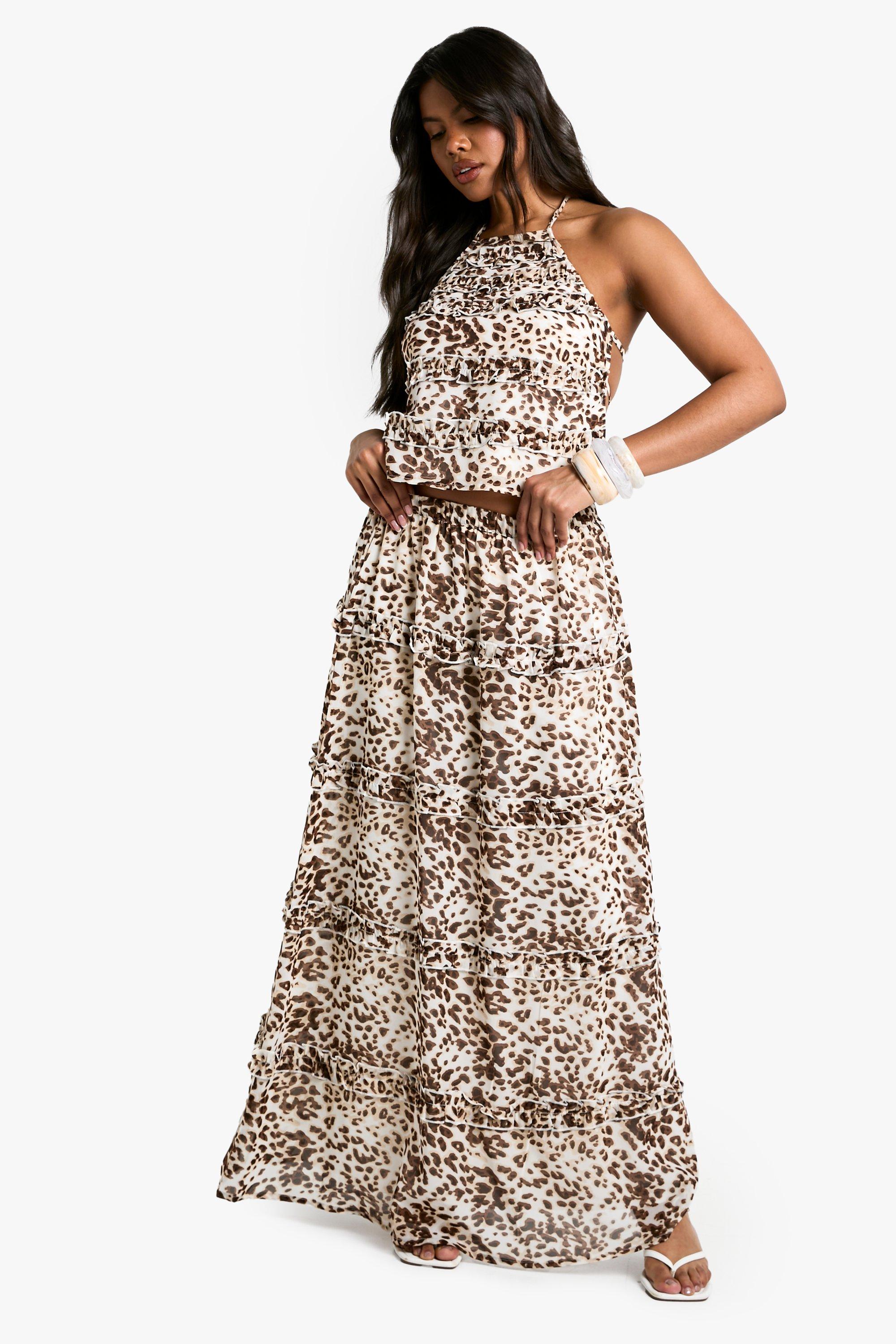 Boohoo Geweven Maxi Rok Met Ruches En Sneeuw Luipaardprint, Leopard