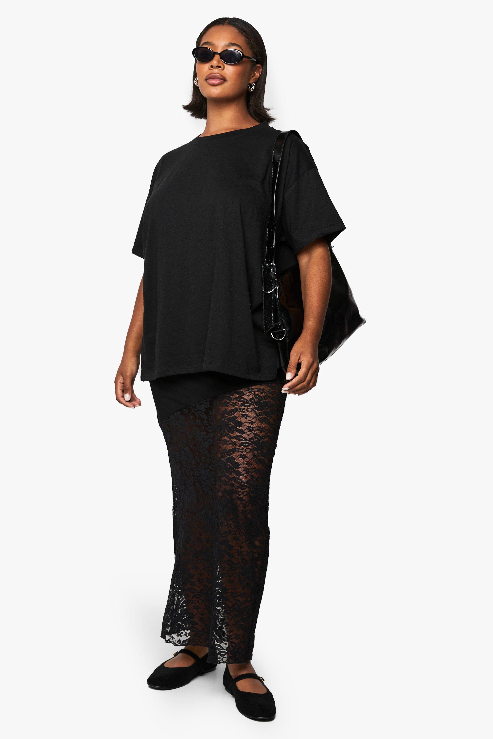 Boohoo Plus Maxi Rok Met Kanten Detail, Black