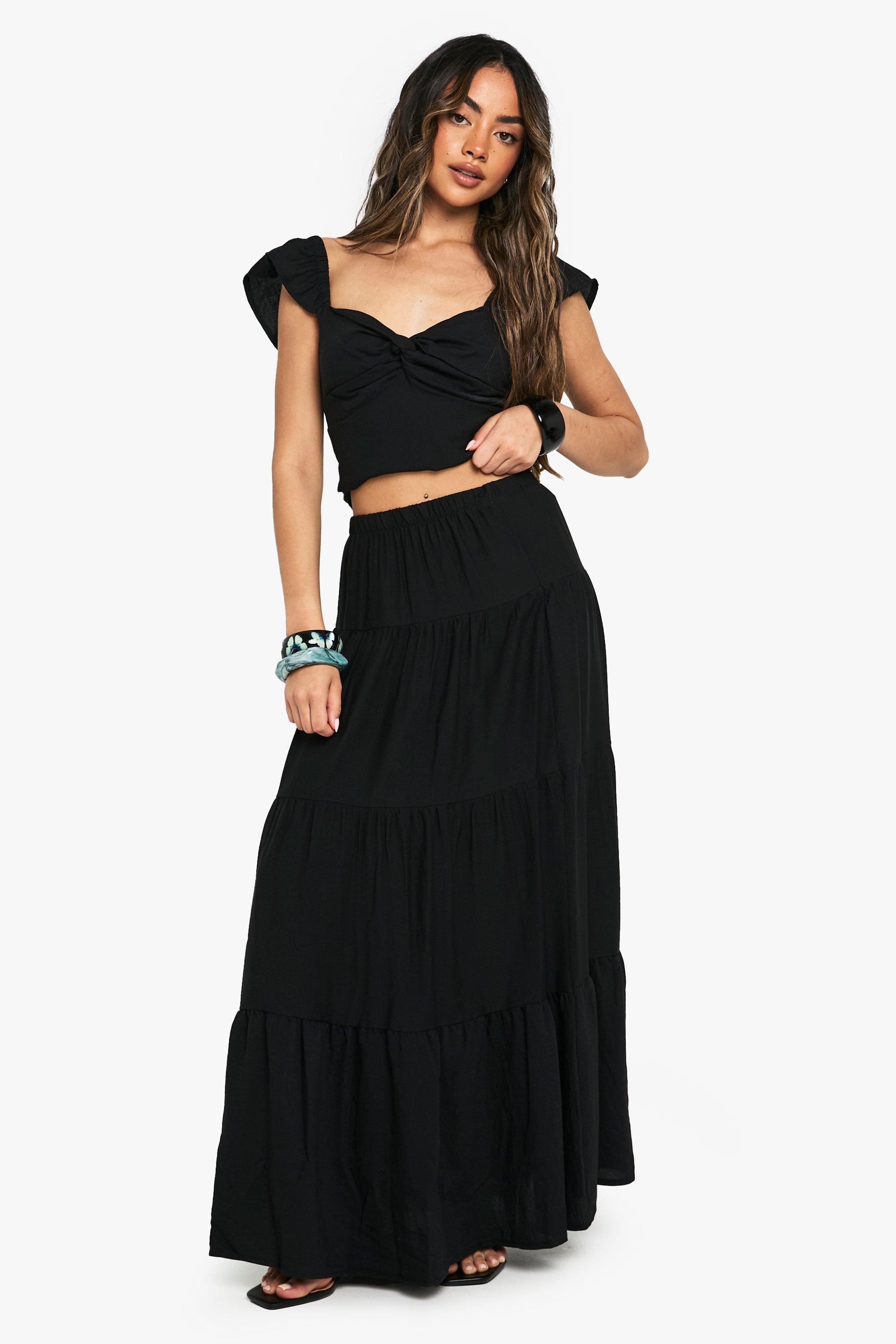 Boohoo Linnen Gypsy Maxi Rok Met Laagjes, Black