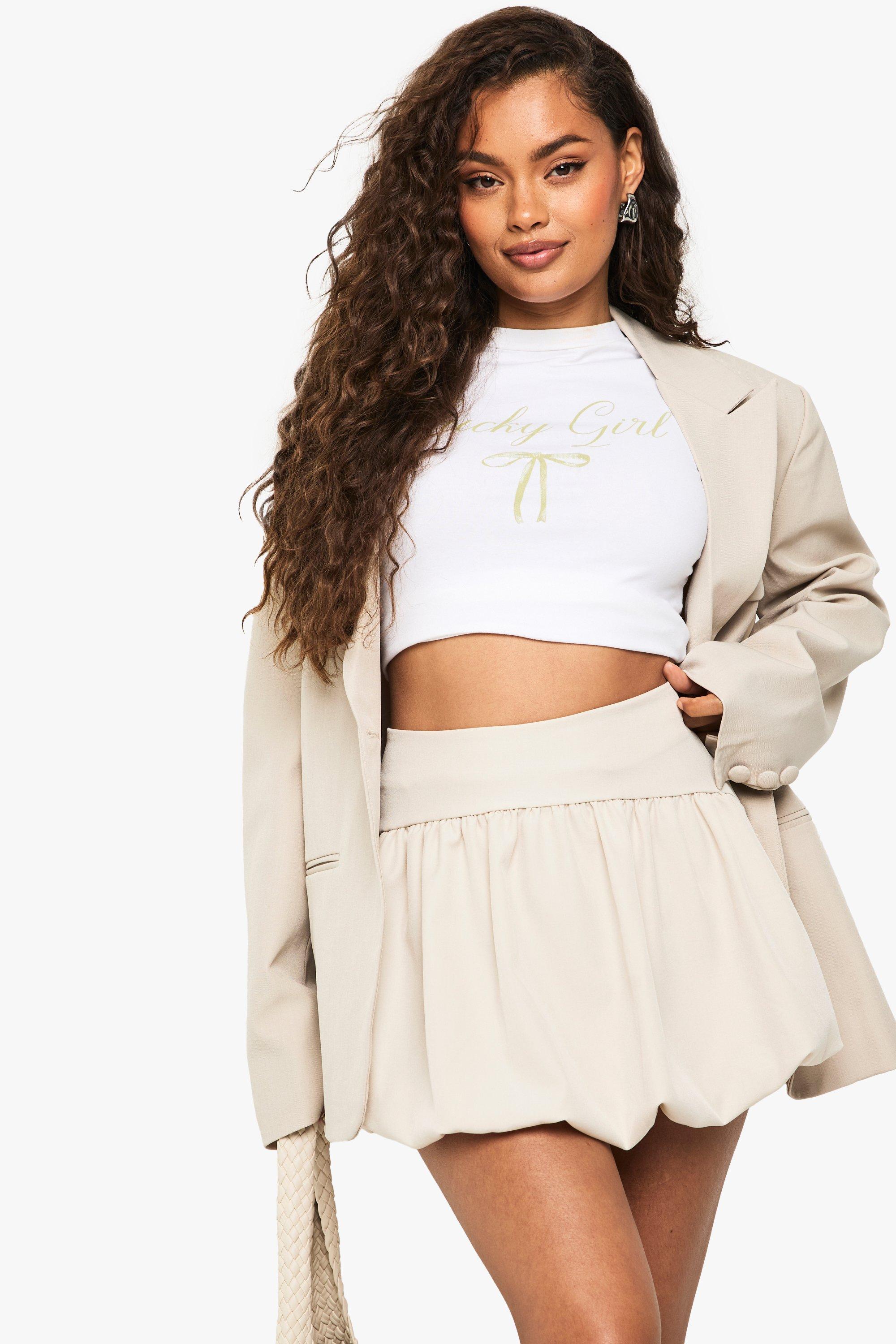 Boohoo Geweven Mini Rokje Met Pofmouwen, Stone