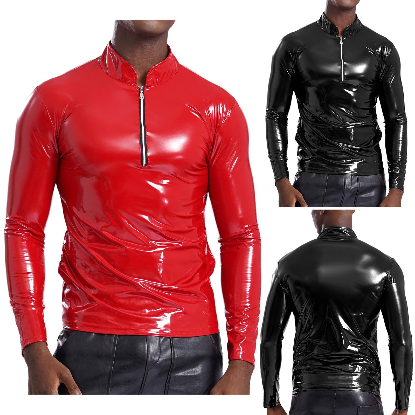 Yunduantong-Adult Heren Glanzende Leren PVC Panty Shirt Steampunk Stijl Nachtclub Disco Feest Kostuum Latex Shirt Fitness Tops Paaldans Clubwear S zwart
