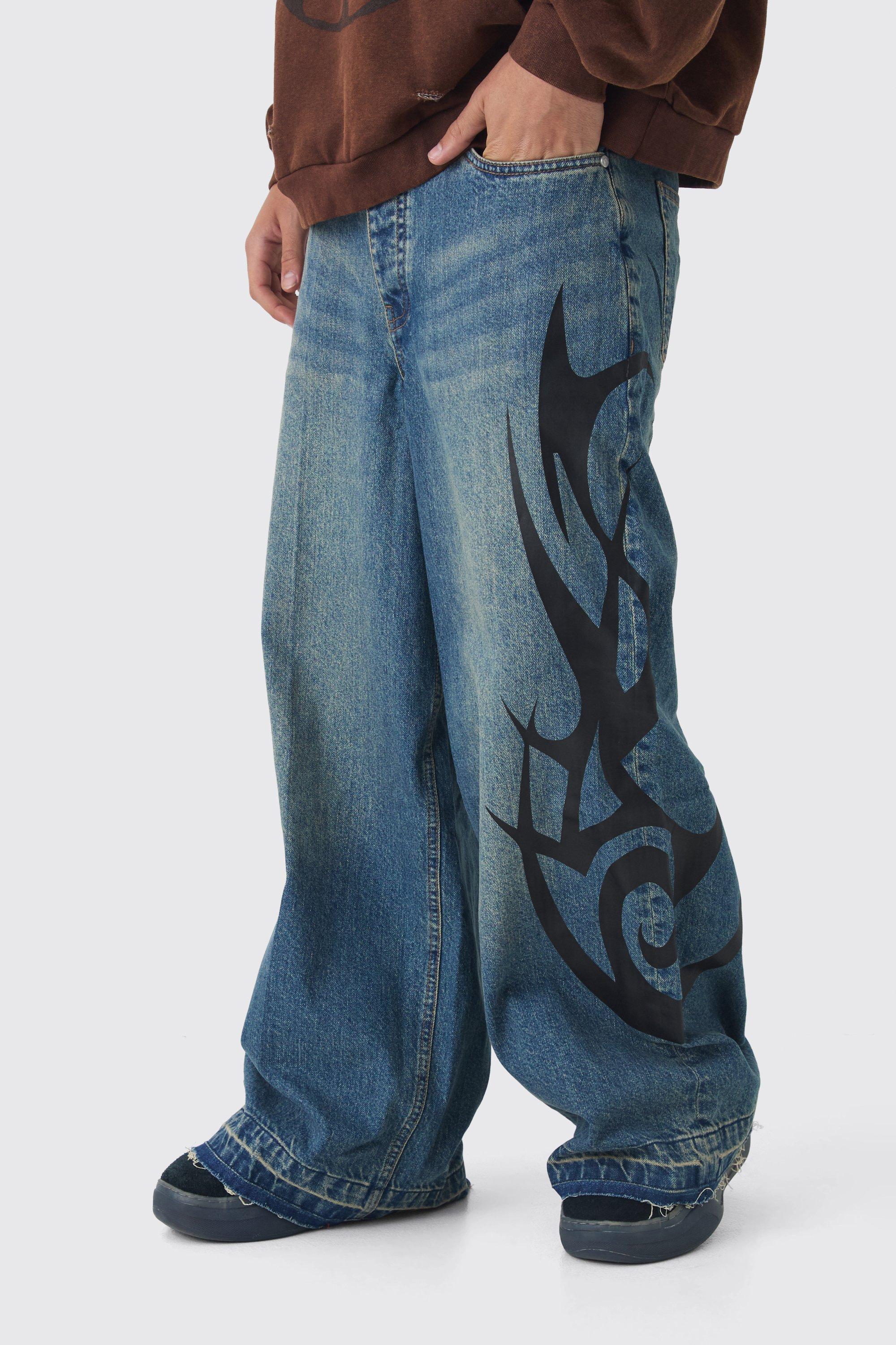 Boohoo Extreem Baggy Onbewerkte Jeans Met Vlammen, Antique Blue