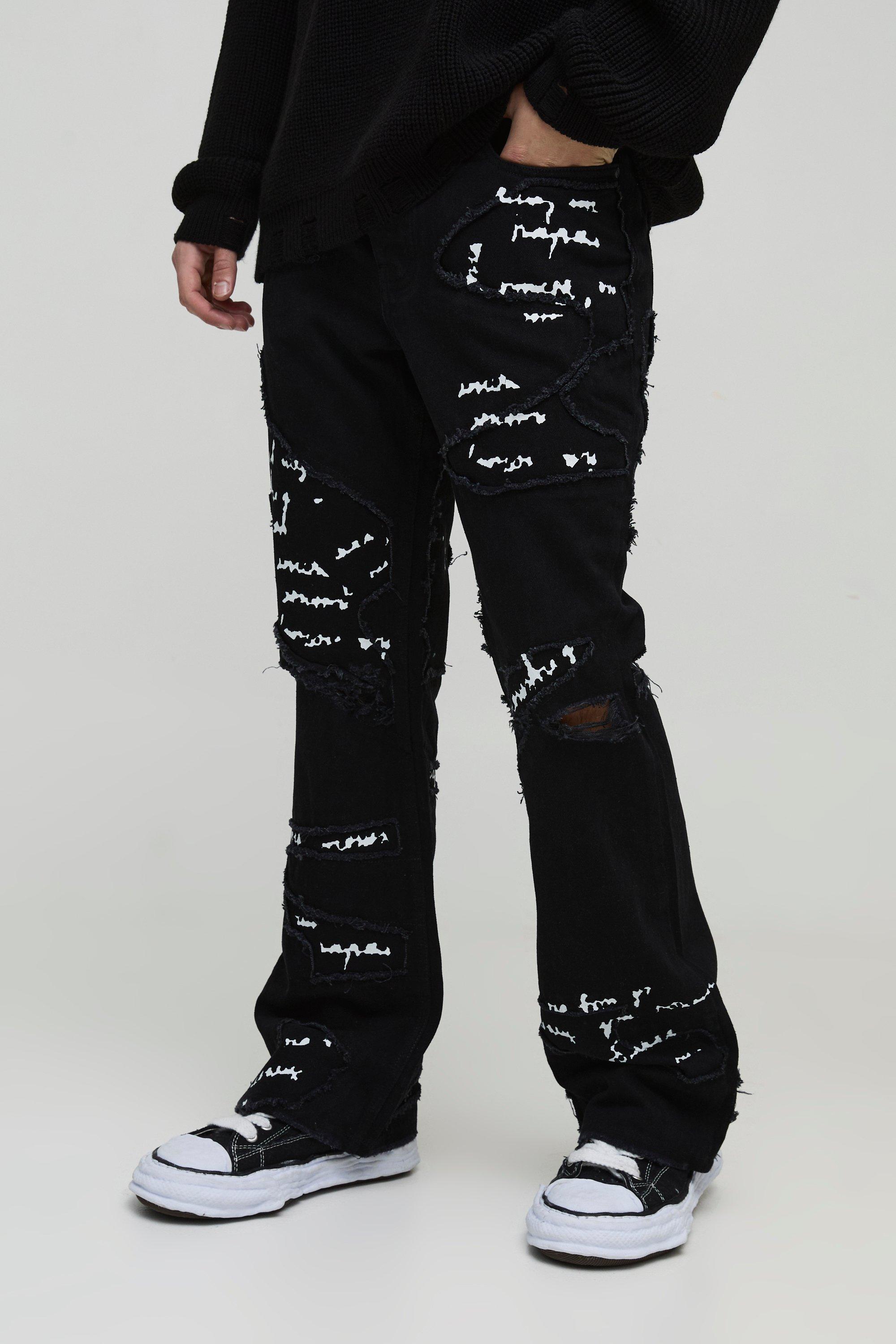 Boohoo Flared Slim Fit Jeans Met Patches En Opdruk, Black