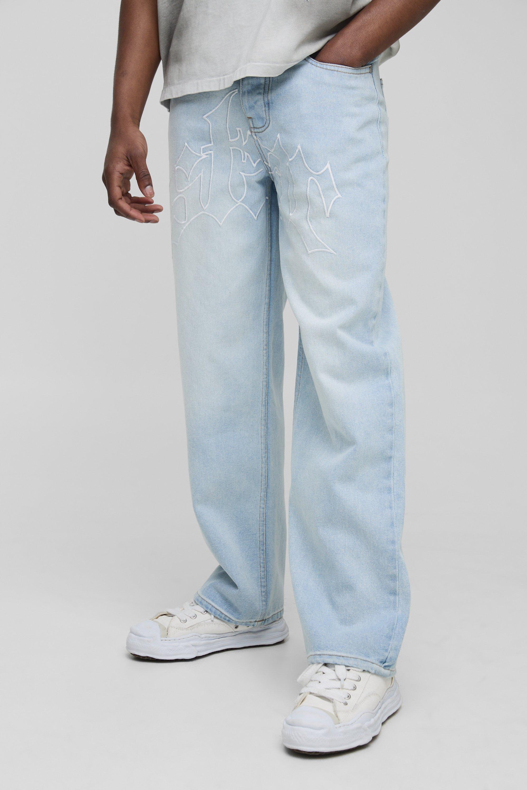Boohoo Geborduurde Baggy Jeans Met Sterren Zak Detail, Stonewash