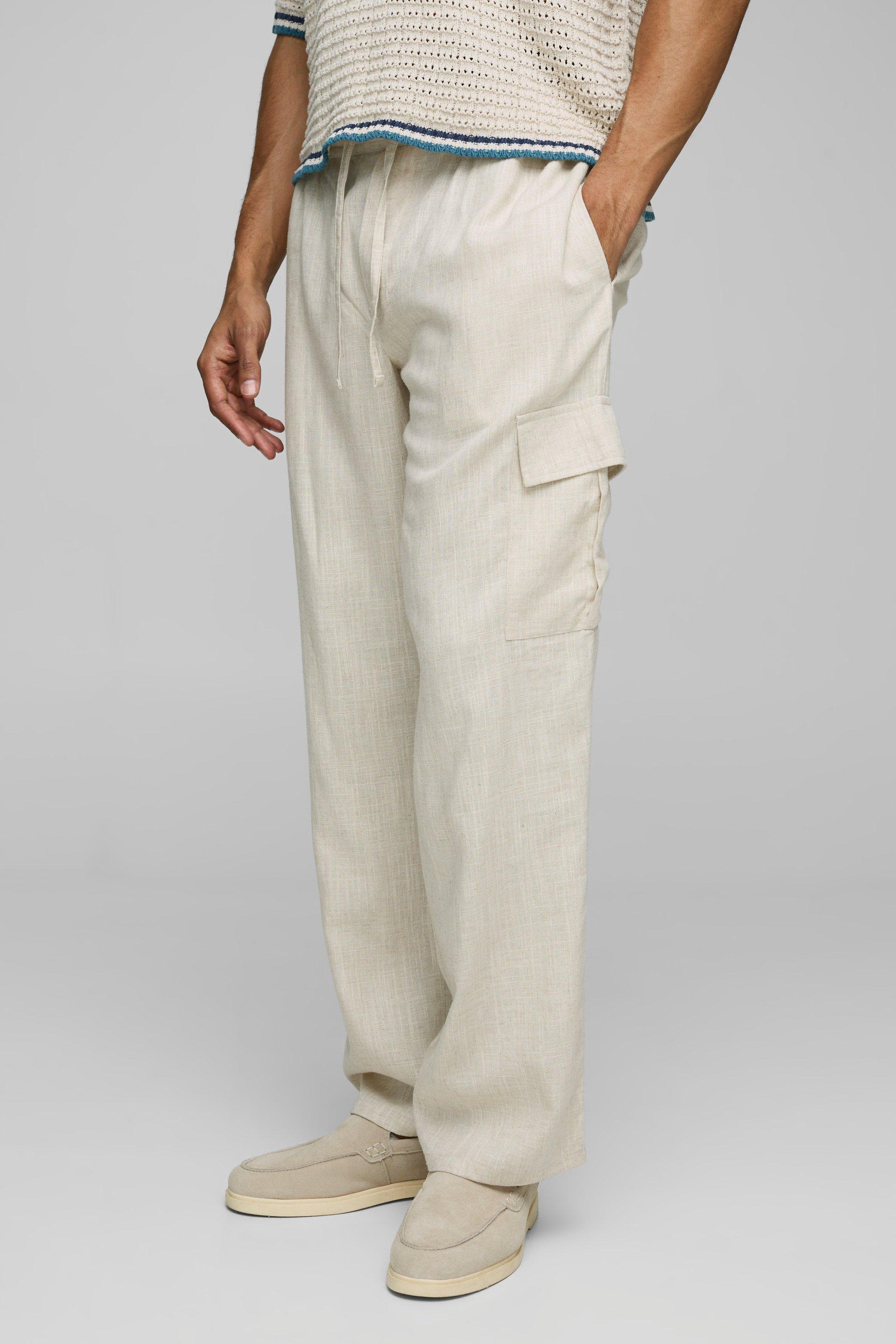 Boohoo Baggy Linnen Mix Cargo Broek Met Tailleband, Natural