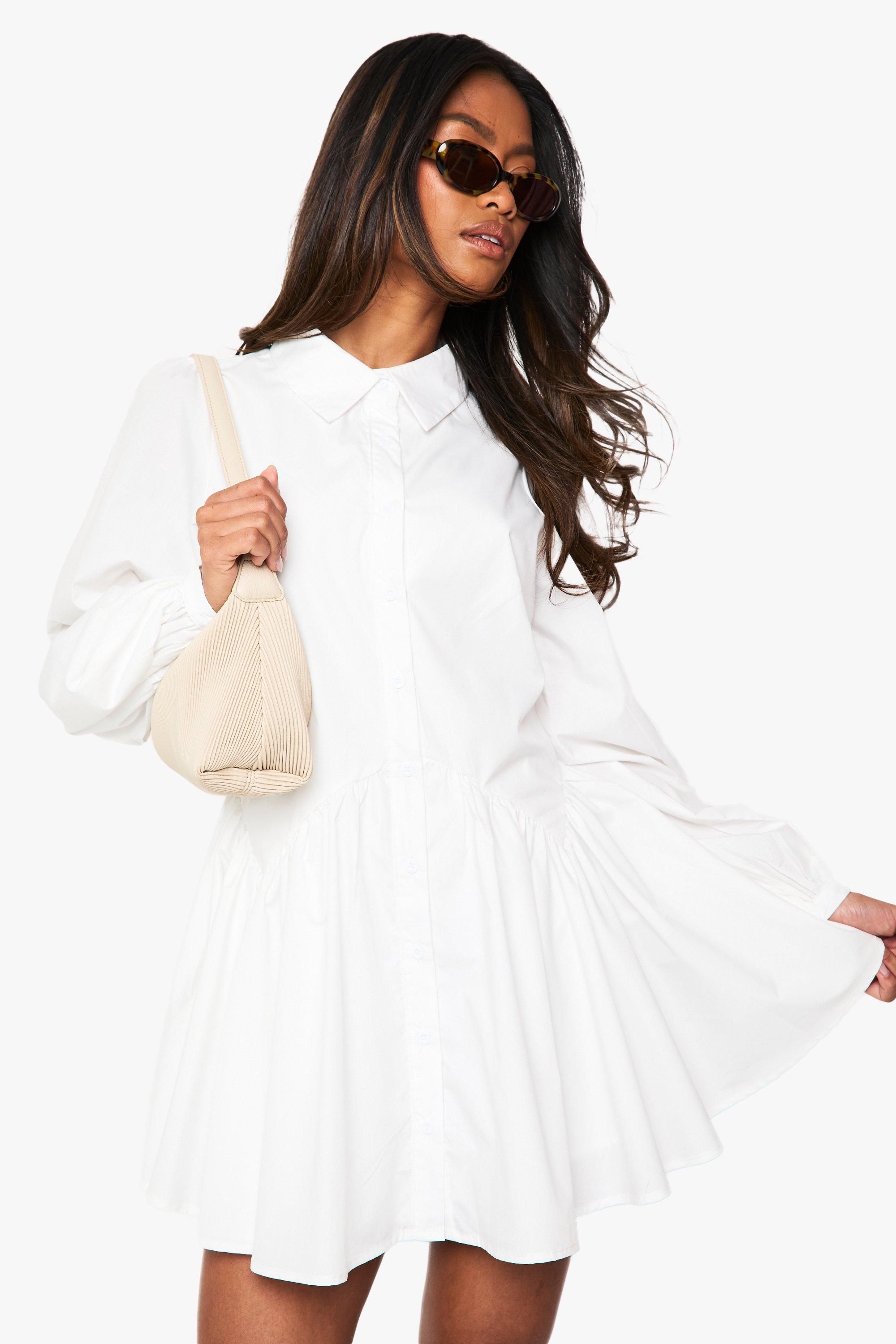 Boohoo Skater Blouse Jurk Met Losvallende Zoom, White