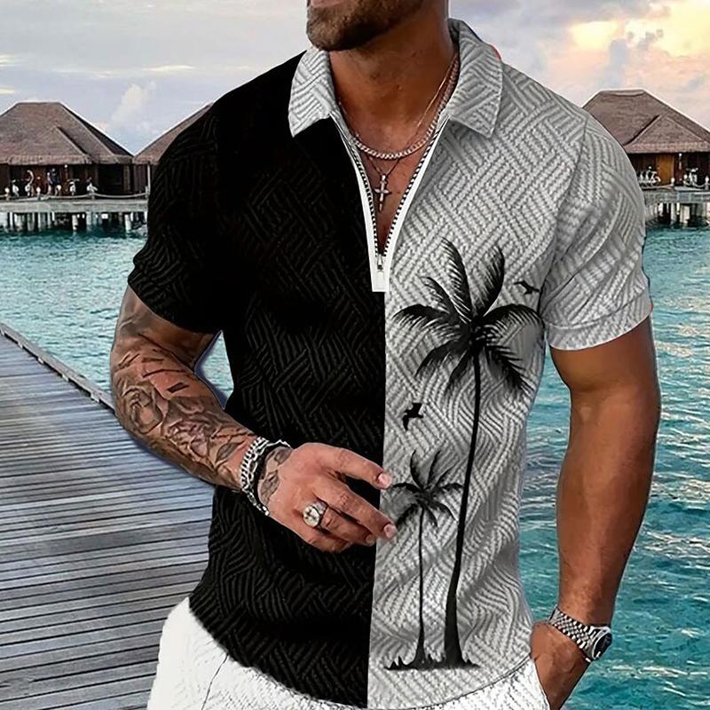 Womens blouse shirts Herenoverhemd Polo Casual Zip Korte Mouw Mode Casual Rits Zomer Lente Regular Fit 3D Zwart Kokosnootboom Print Overhemd XS wit