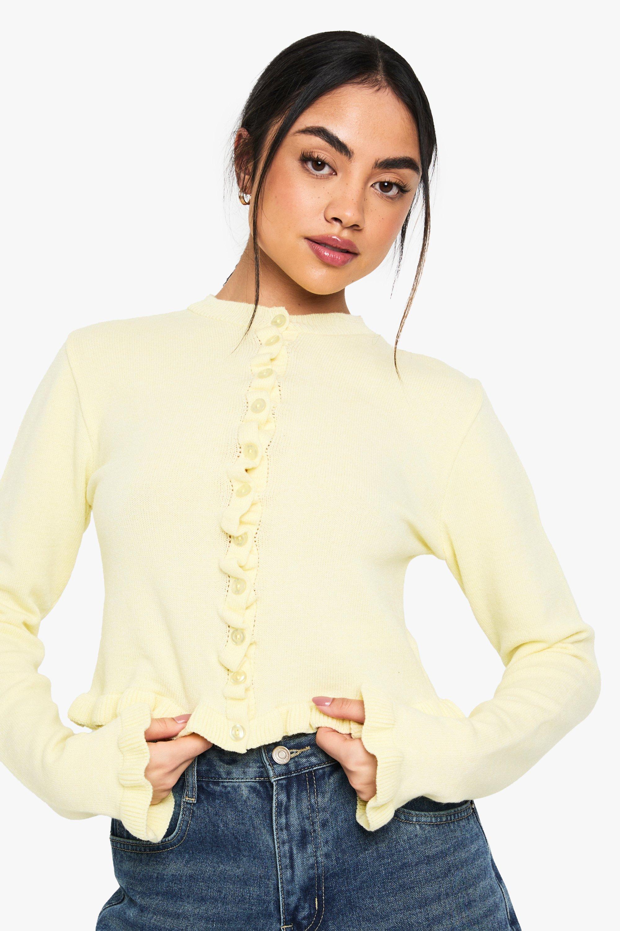 Boohoo Dunne Gebreide Cardigan Met Ruches, Lemon