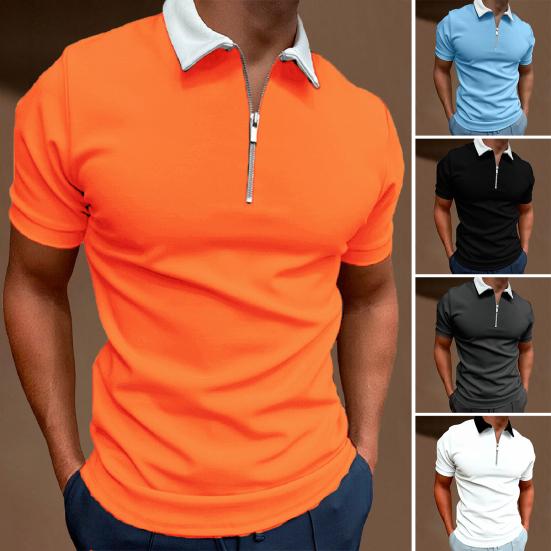 Langudi Heren T-shirt met ritskraag, effen kleur, korte mouwen, revers, casual, slim fit, zomertop voor op straat, vakantie, werk, sport S zwart
