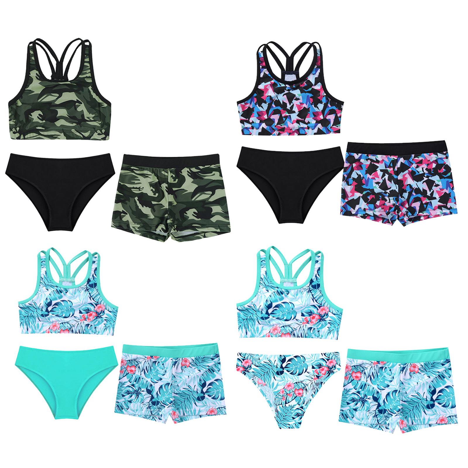 Sywiyi 3-delige badpak met bloemenprint voor meisjes, Criss Cross sportbeha, boyshorts, tankinibadpak 5-6 Years meer groene kleur