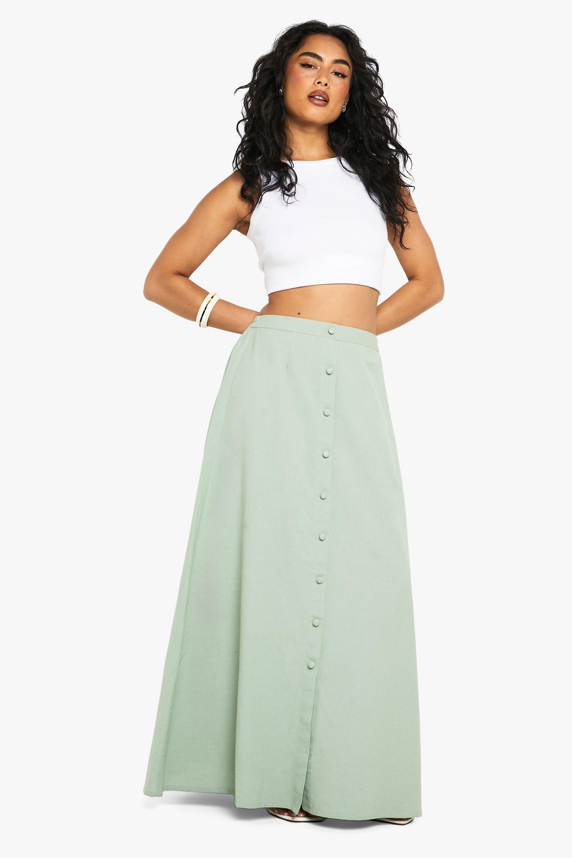Boohoo Linnen Look Maxi Rok Met Knopen, Sage