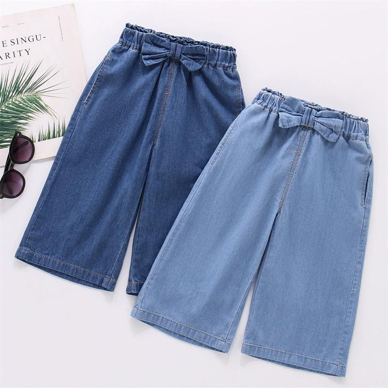 HOTDOG Meisjes Zomer Dunne Sectie Wijde Pijpen Jeans voor Kleine en Middelgrote Kinderen Effen Kleur Ontwerp Strik Losse Negen-minuten Broek 140 donkerblauwe kleur