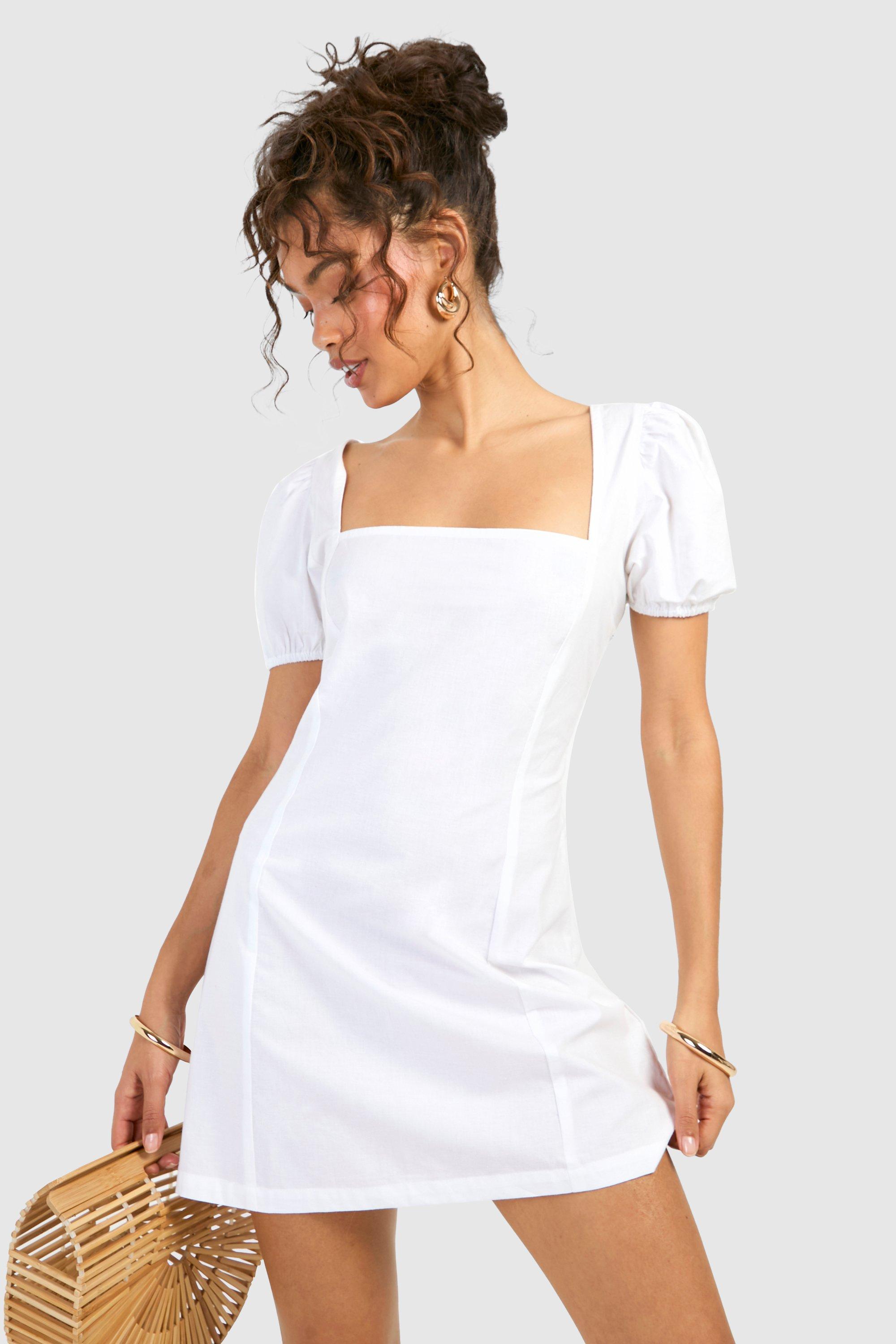 Boohoo Katoenen Mini Jurk Met Pofmouwen, White