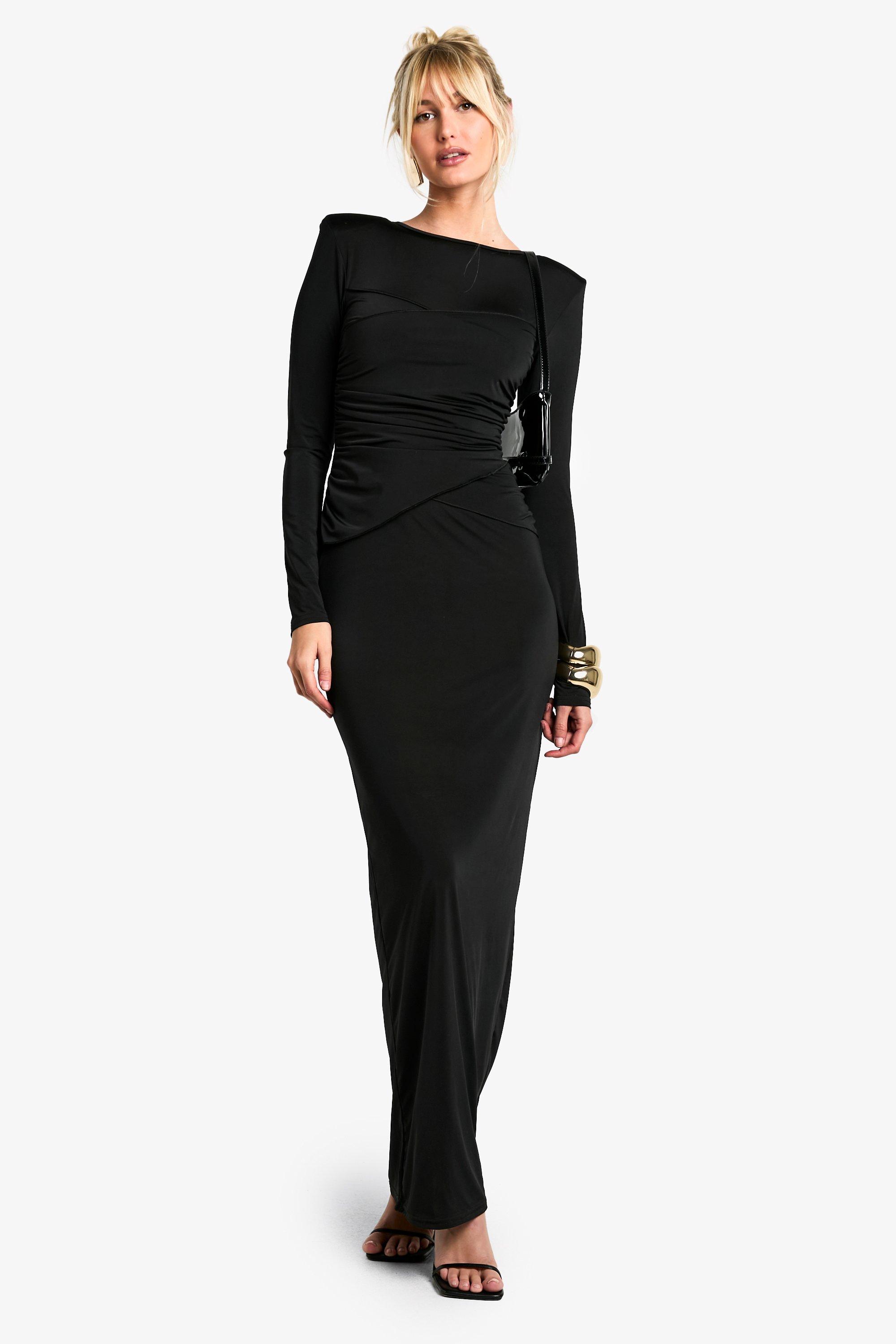 Boohoo Strakke Geplooide Geplooide Maxi Jurk Met Schouderpads, Black