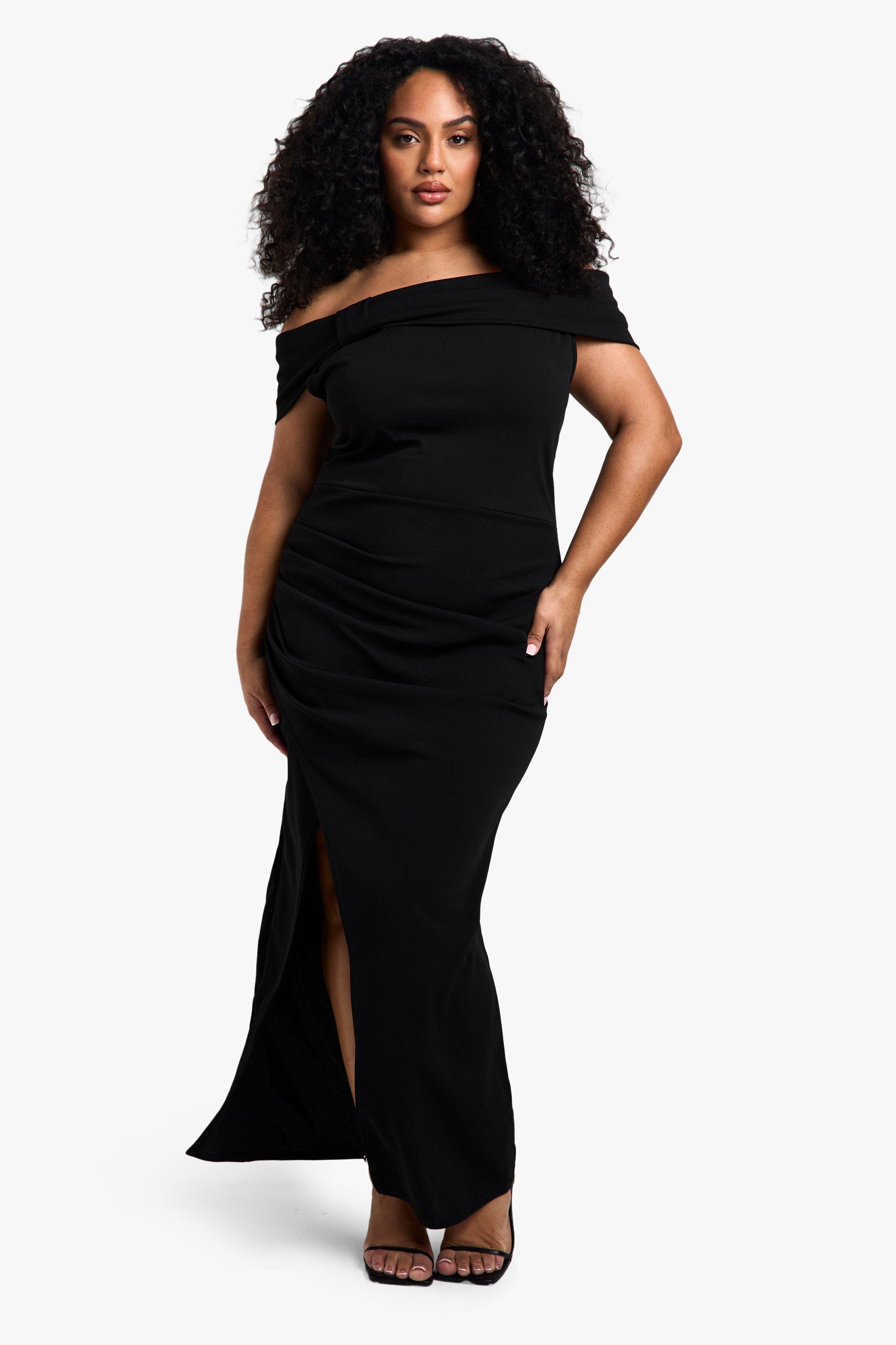 Boohoo Plus Geplooide Maxi Wikkeljurk Met Strik En Uitgesneden Hals, Black
