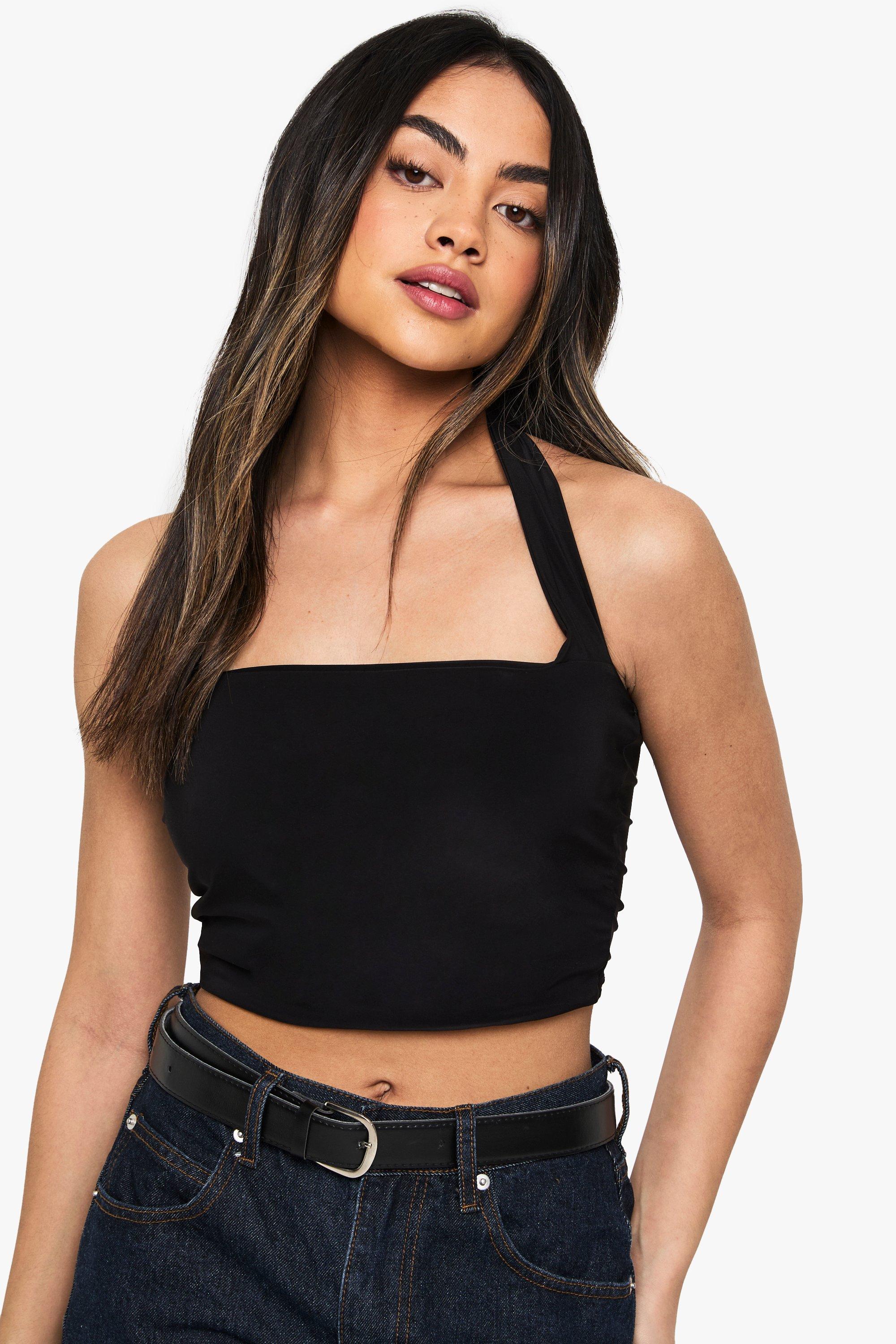 Boohoo Strakke Top Met Hals Strik En Vierkante Hals, Black