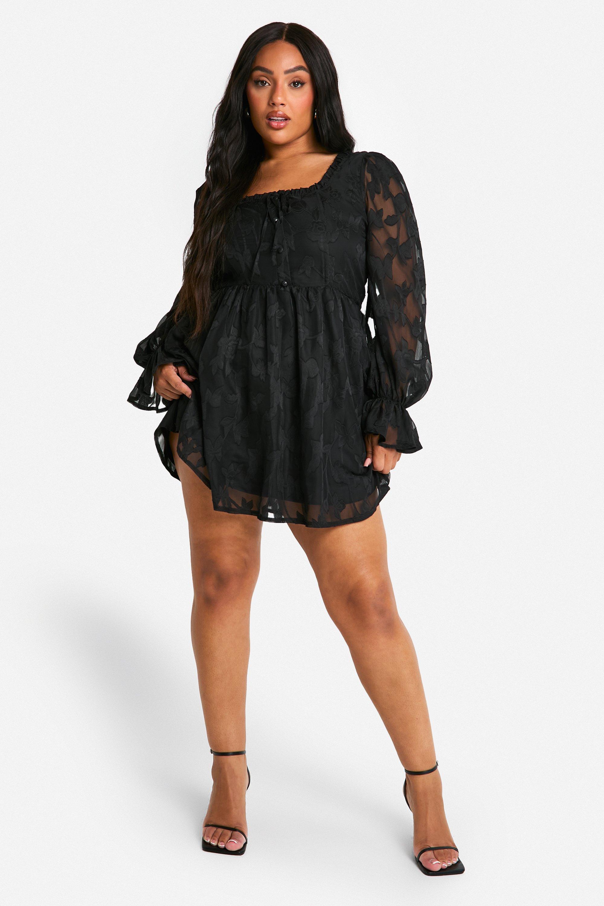 Boohoo Plus Geweven Burnout Bloemen Skater Jurk, Black