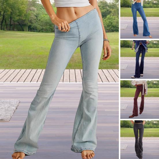 Zhiyumao Lady Jeans Elastische Slim Fit Uitlopende Pijpen Mid Taille Effen Kleur Lange Broek Dagelijkse Casual Denim Broek voor Reizen Woon-werkverkeer XXL rozerode kleur