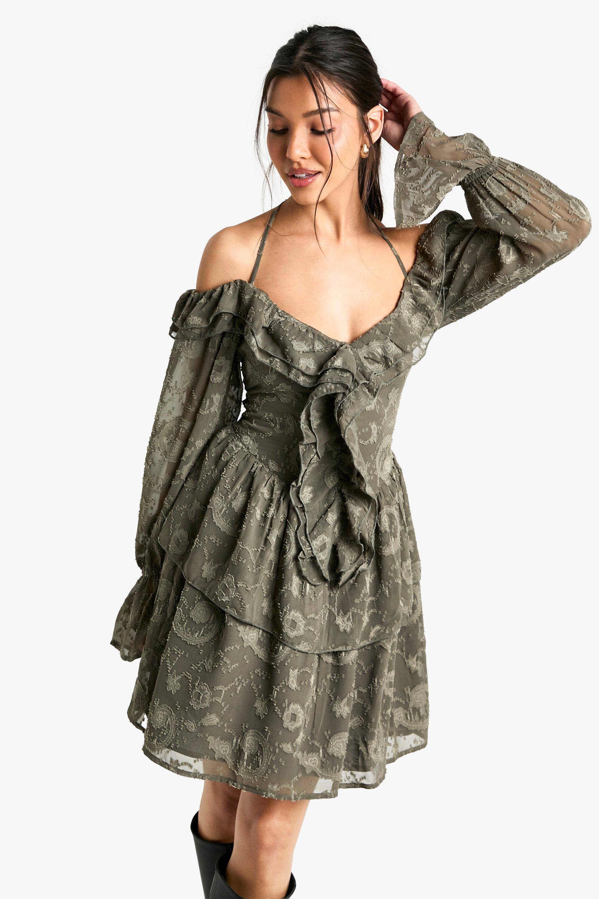 Boohoo Paisley Burnout Skater Jurk Met Ruches, Dark Olive