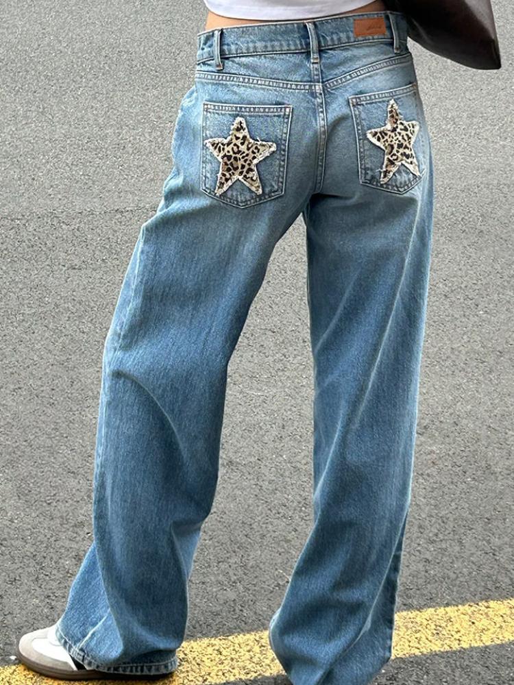 PlusGlamour Leopard Star Patchwork Dames Jeans Vintage Hoge Taille Losse Casual Rechte Wijde Pijpen Broek Harajuku Streetwear Y2k Pantalones S