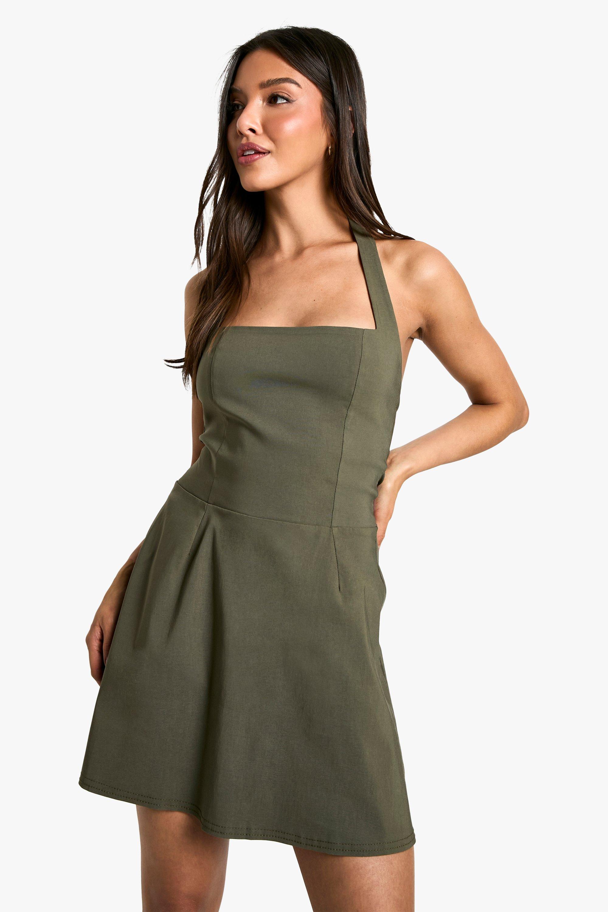 Boohoo Bengaline Skater Jurk Met Vierkante Hals, Khaki