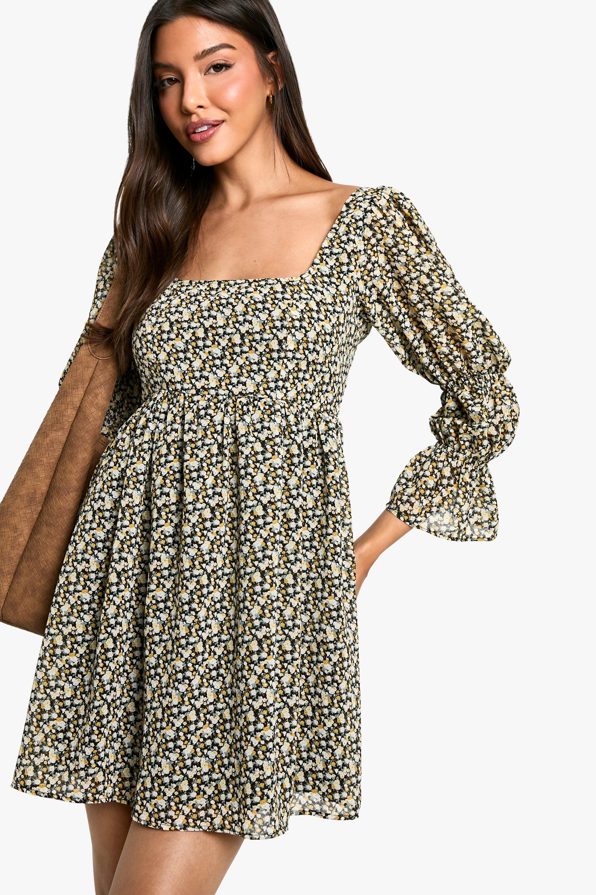 Boohoo Gesmokte Bloemenprint Jurk Met Pofmouwen, Black