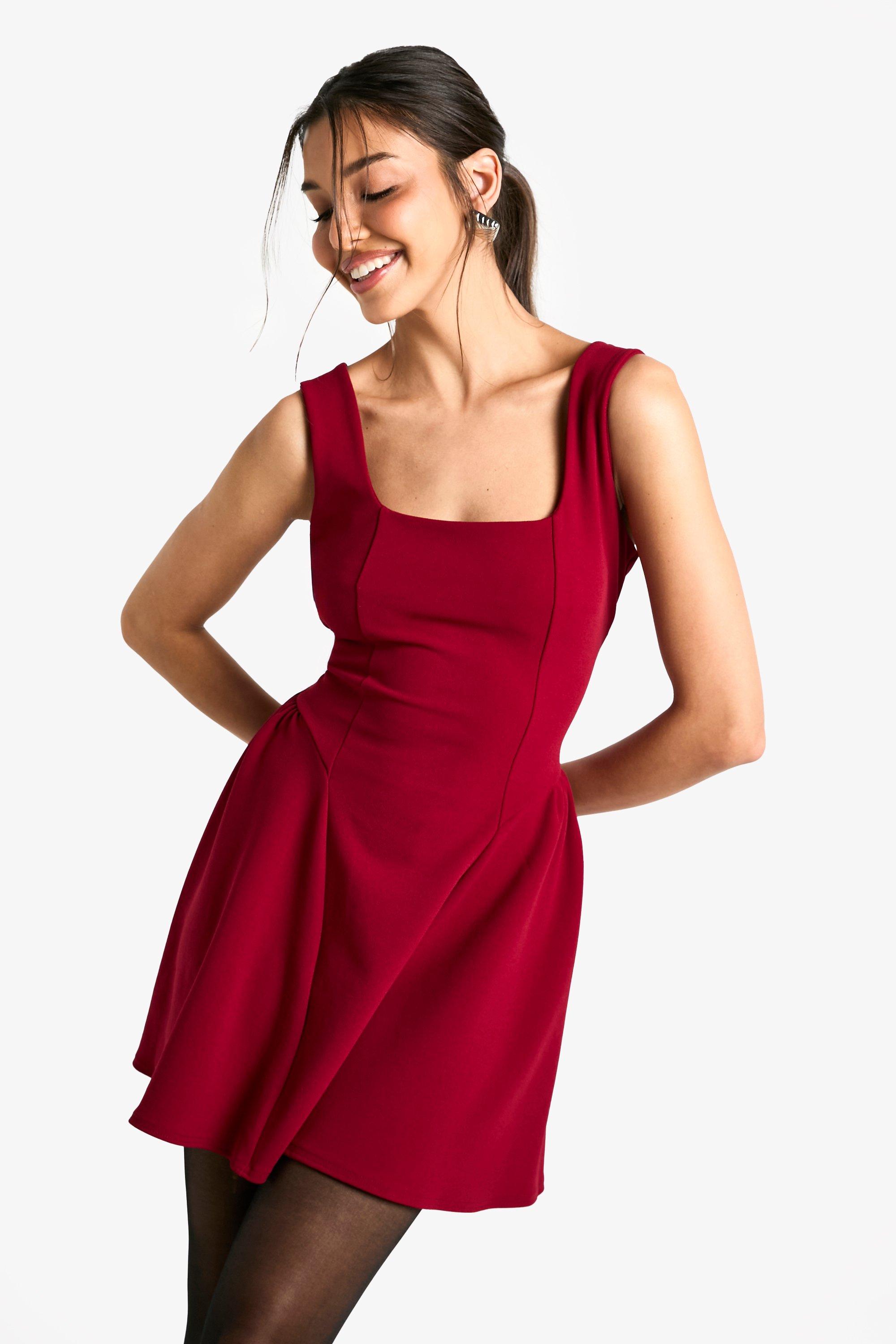 Boohoo Mini Jurk Met Vierkante Hals En Volle Rok, Wine
