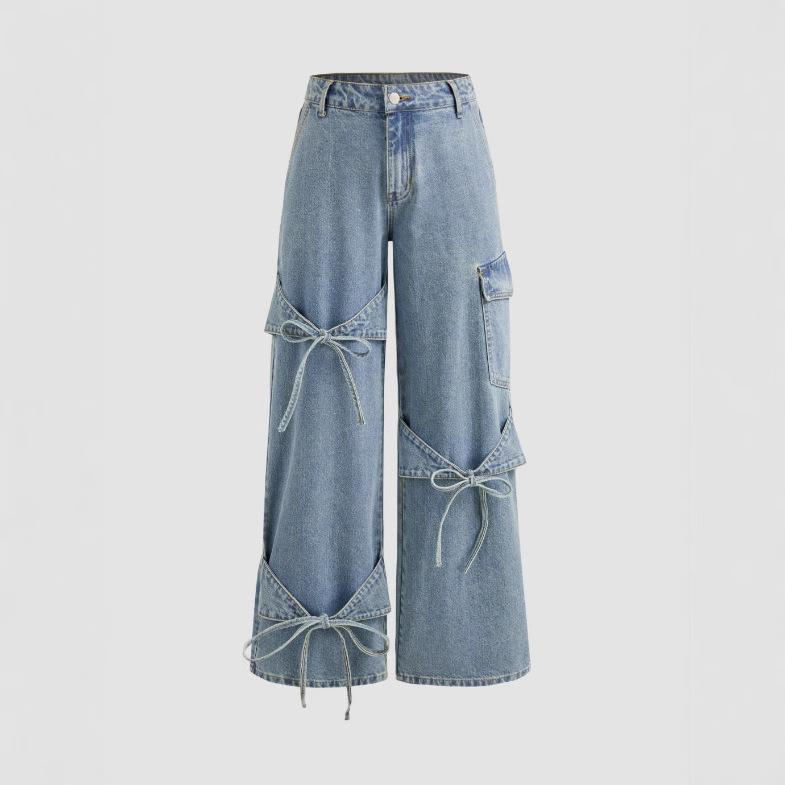 PlusGlamour Y2k Sweet Bow Lace Up Vintage Dames Jeans Harajuku Wijde Pijpen Koreaanse Mode Denim Broek Baggy Zakken Chic Casual Lente S