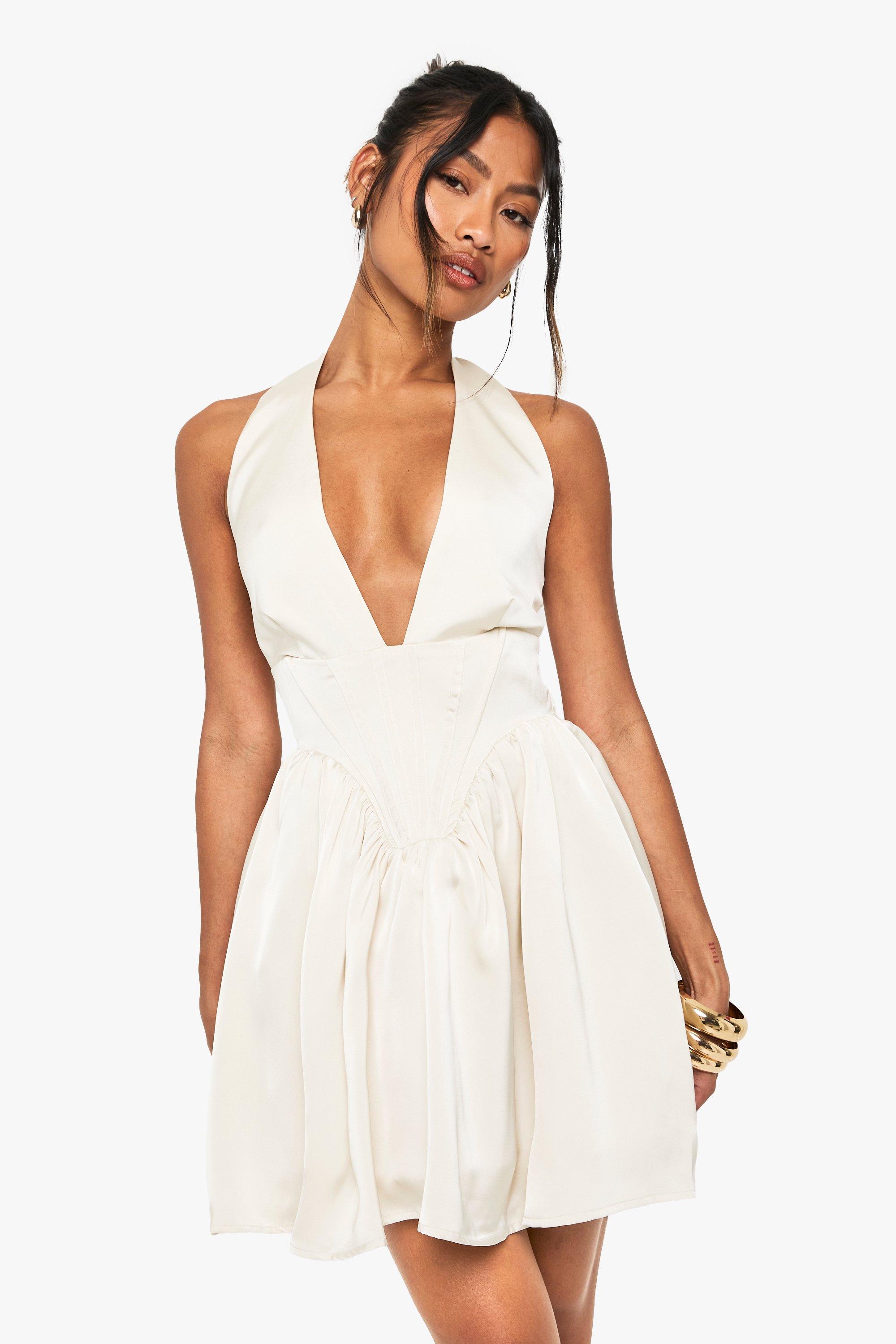 Boohoo Satin Halterneck Boned Detail Volume Mini Dress, Oyster