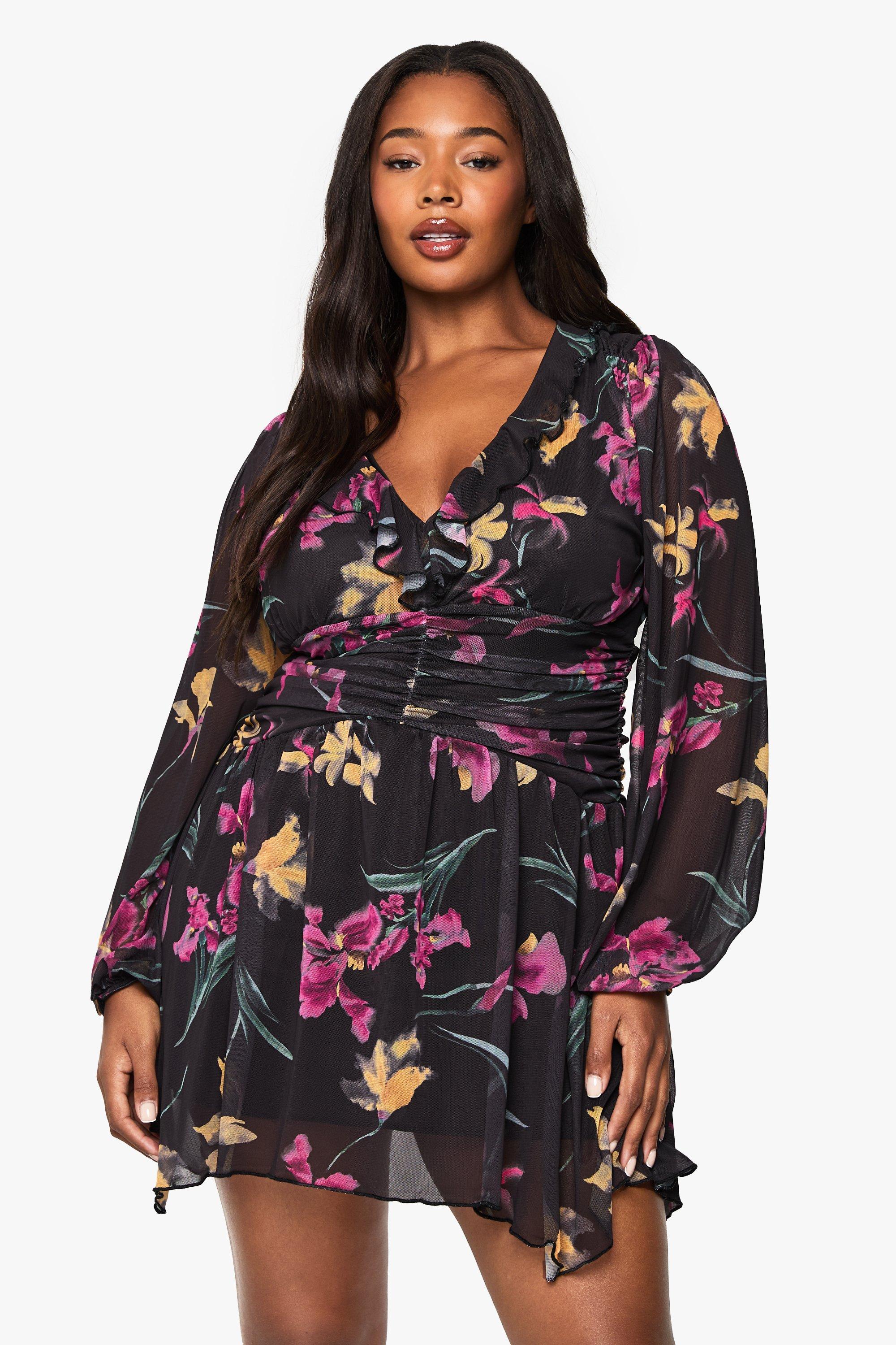 Boohoo Plus Mesh Bloemenprint Skater Jurk Met Ruches, Black