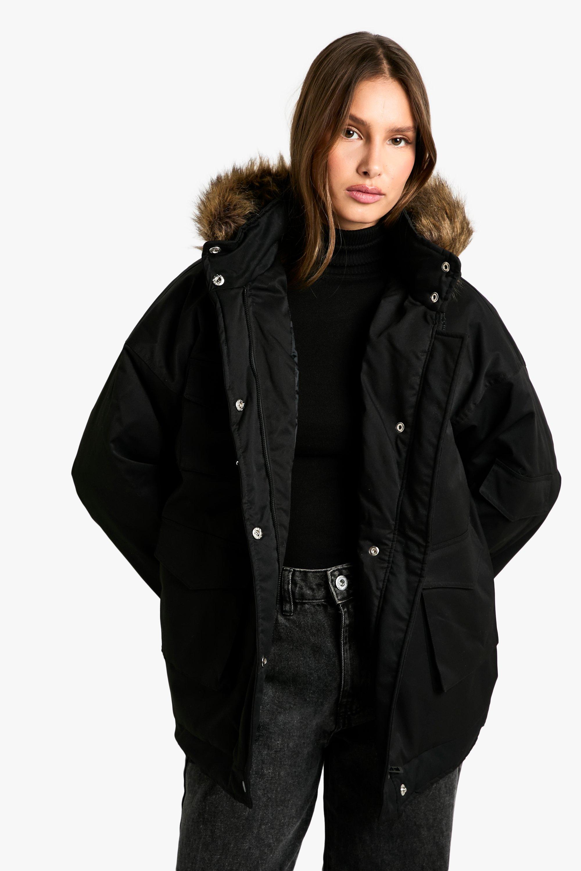 Boohoo Parka Jas Met Utility Zakken, Black