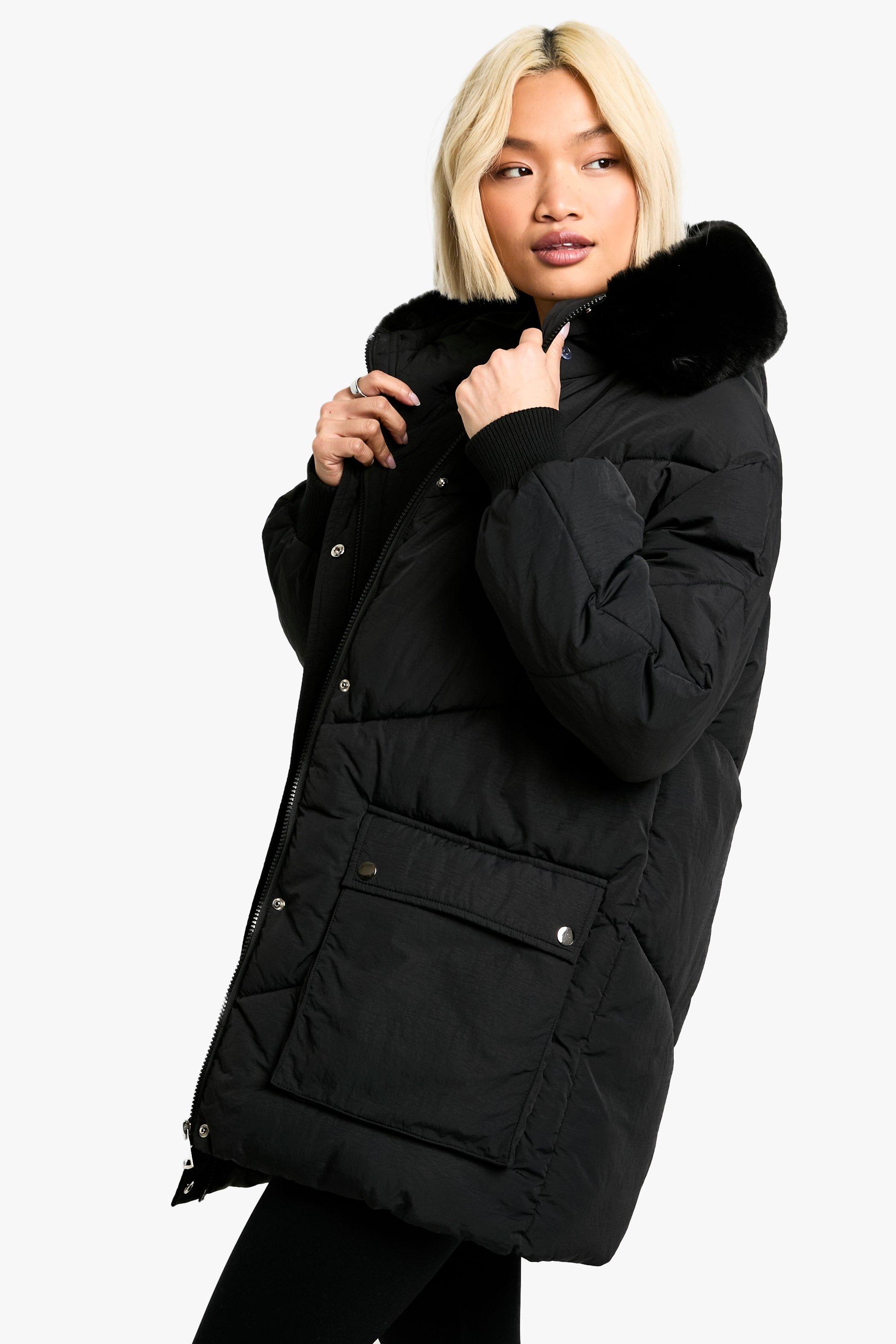 Boohoo Parka Jas Met Faux Fur Capuchon, Black