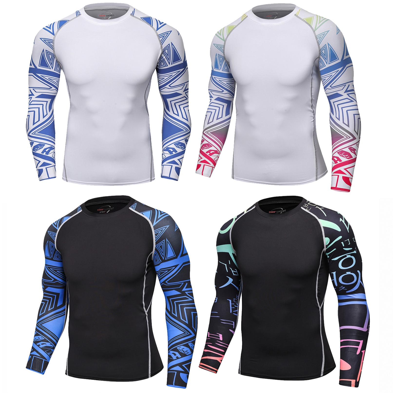 YOOJIA Heren sport strak T-shirt compressie Rashguard lange mouw hoge elastische print fitness tops M