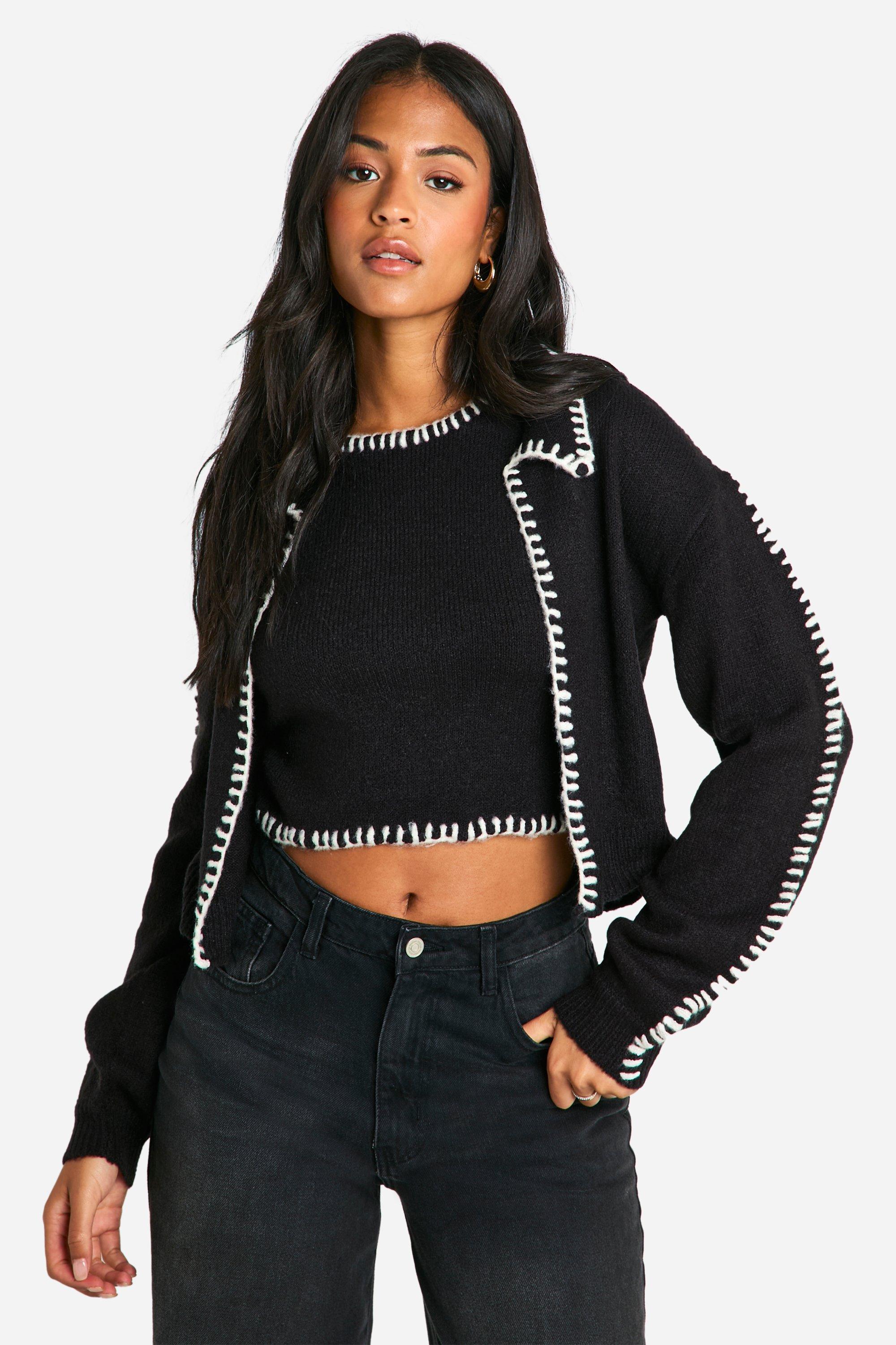 Boohoo Tall Gebreide Crop Top Met Contrasterende Zoom En Cardigan Set, Black