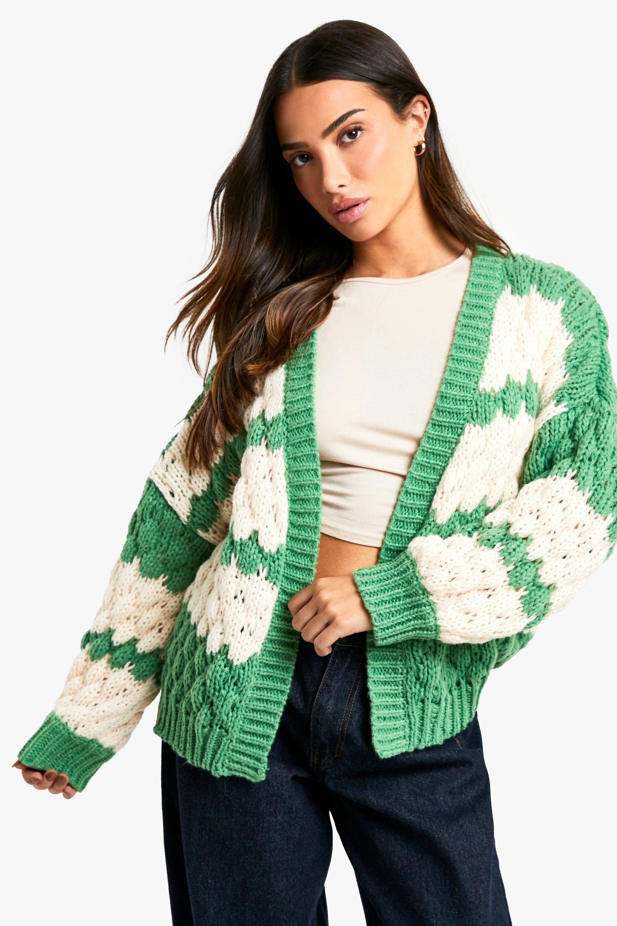 Boohoo Petite Gestreepte Dikke Gebreide Bolletjes Cardigan, Green