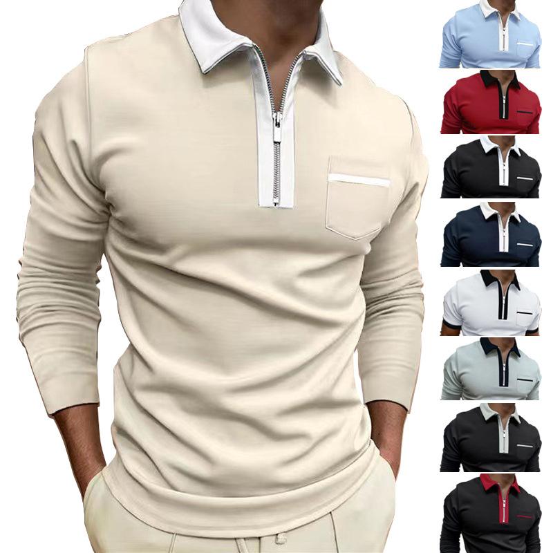 Fashion human New men's lapel fashion Slim pocket zip long-sleeved men's T-shirt POLO shirt tops S