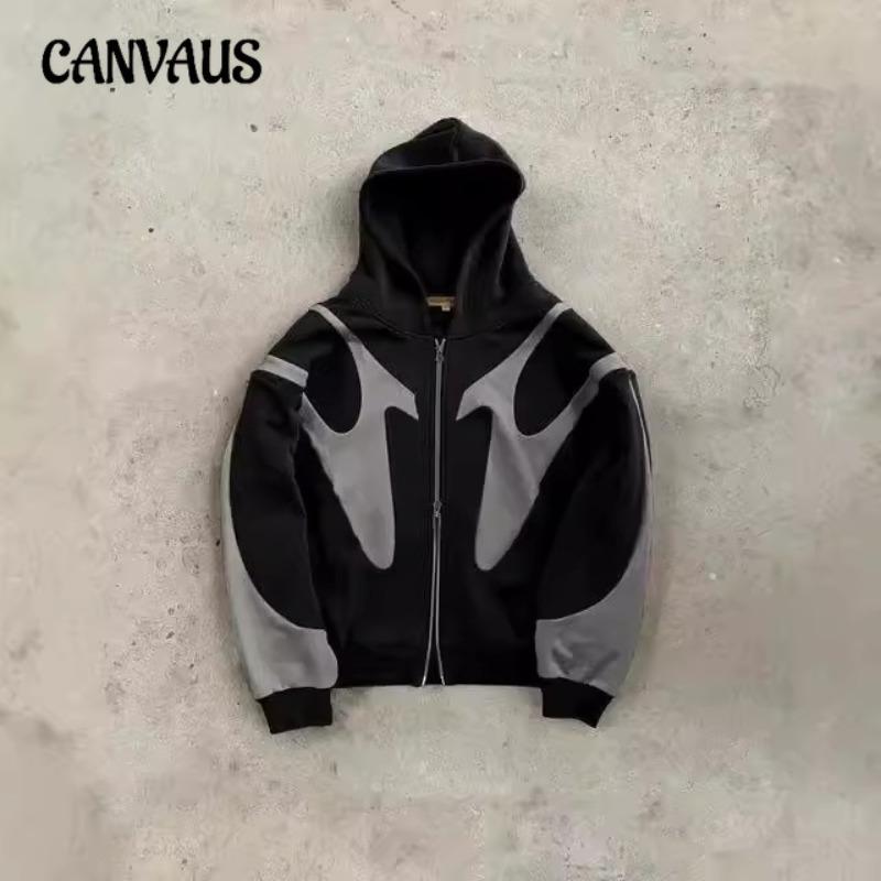 CANVAUS Heren herfst- en winterjas met nieuwe Street Hip Hop-print en capuchon, Y2K Harajuku-stijl jas en sweatshirt S zwart