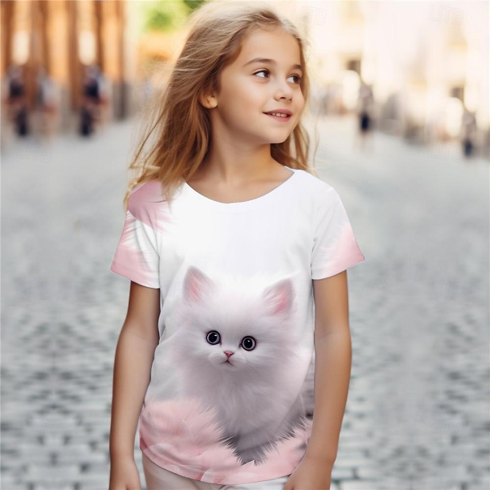 Xuhaijian02 Schattige dierenkat 3D-geprint leuk meisjes T-shirt Kinderkleding Top T-shirt Babymeisje T-shirt Zomer Casual Korte Mouw 140