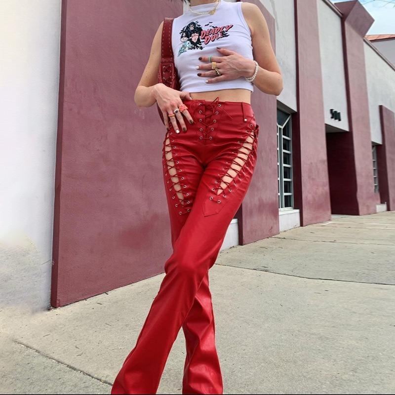 Qiu Yi Zomermodetrend voor dames: nieuwe, hoog getailleerde, holle bandjes, rechte pijpen, slanke, dunne leren broeken S rood