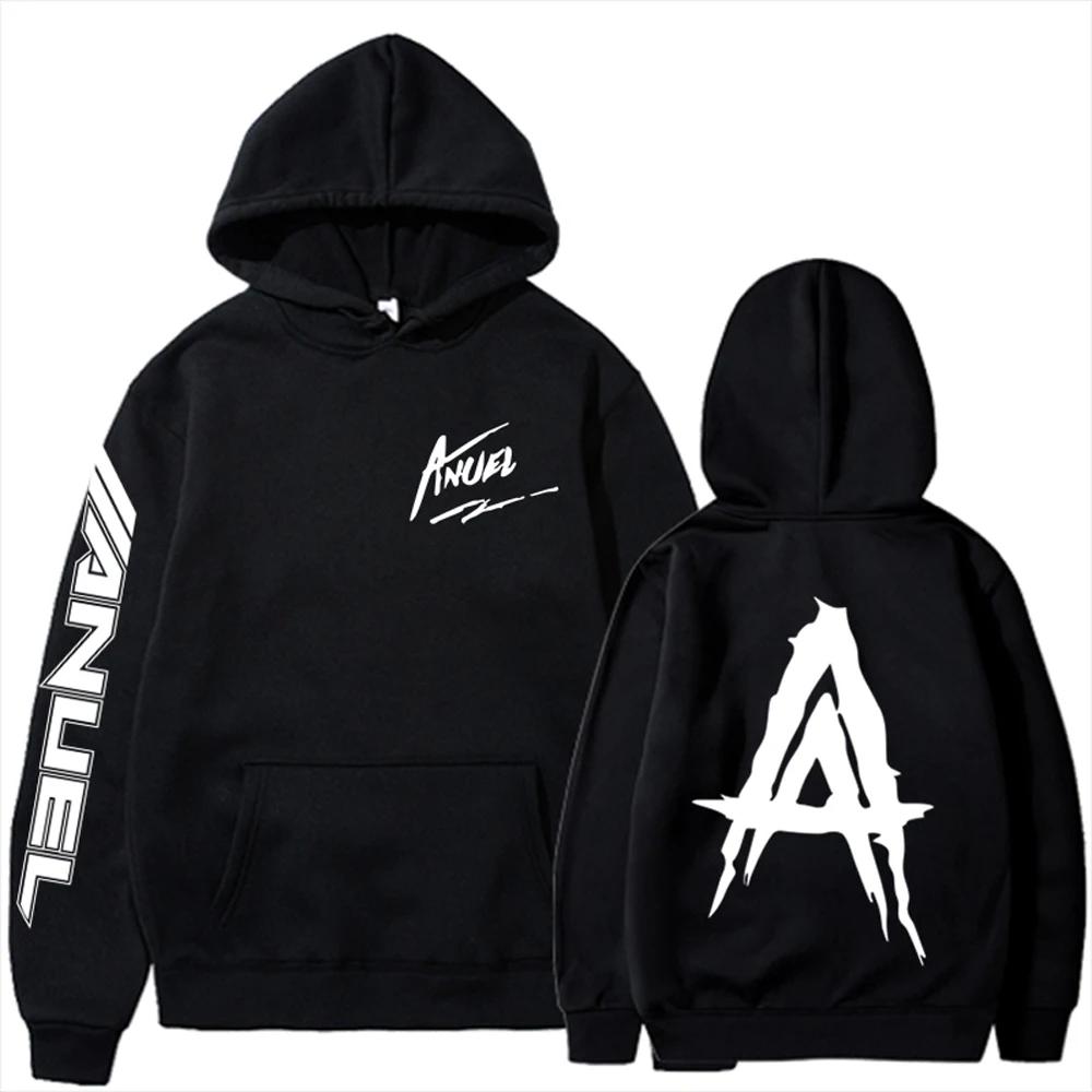 Limindong Herfst Fleece Heren Hoodies Anuel AA Real Hasta La Muerte Print Sweatshirts Streetwear Rapper Losse Pullover Casual Capuchon Tops XS zwart